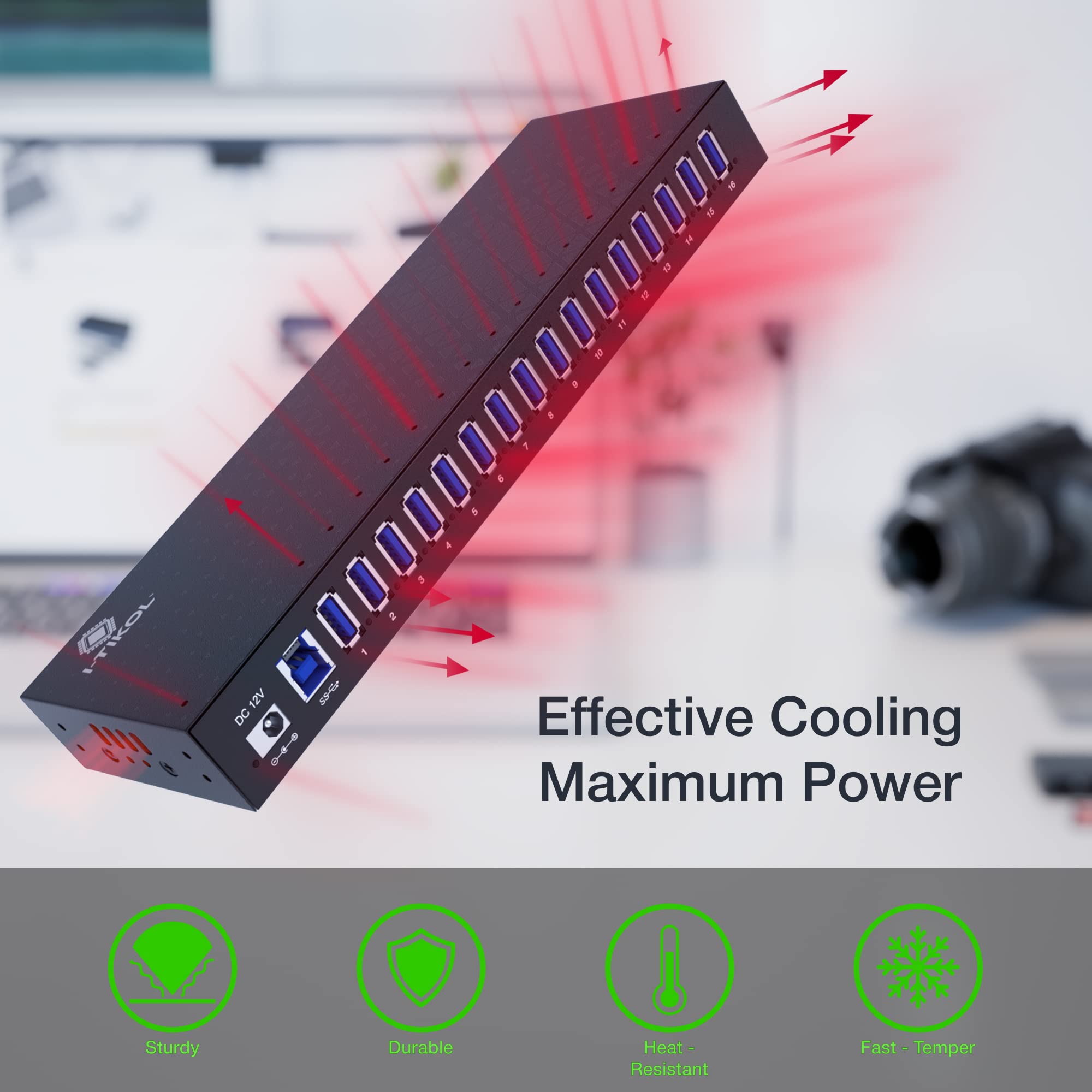 16-Port USB 3.0 Hub with AC Adapter - 5Gbps High-Speed Aluminum Alloy USB Splitter for Laptop, PC, Tablet & Phone - Desktop USB Expander for Multiple Devices - Perfect for Home Office, Gaming Setup & Workstation Connectivity