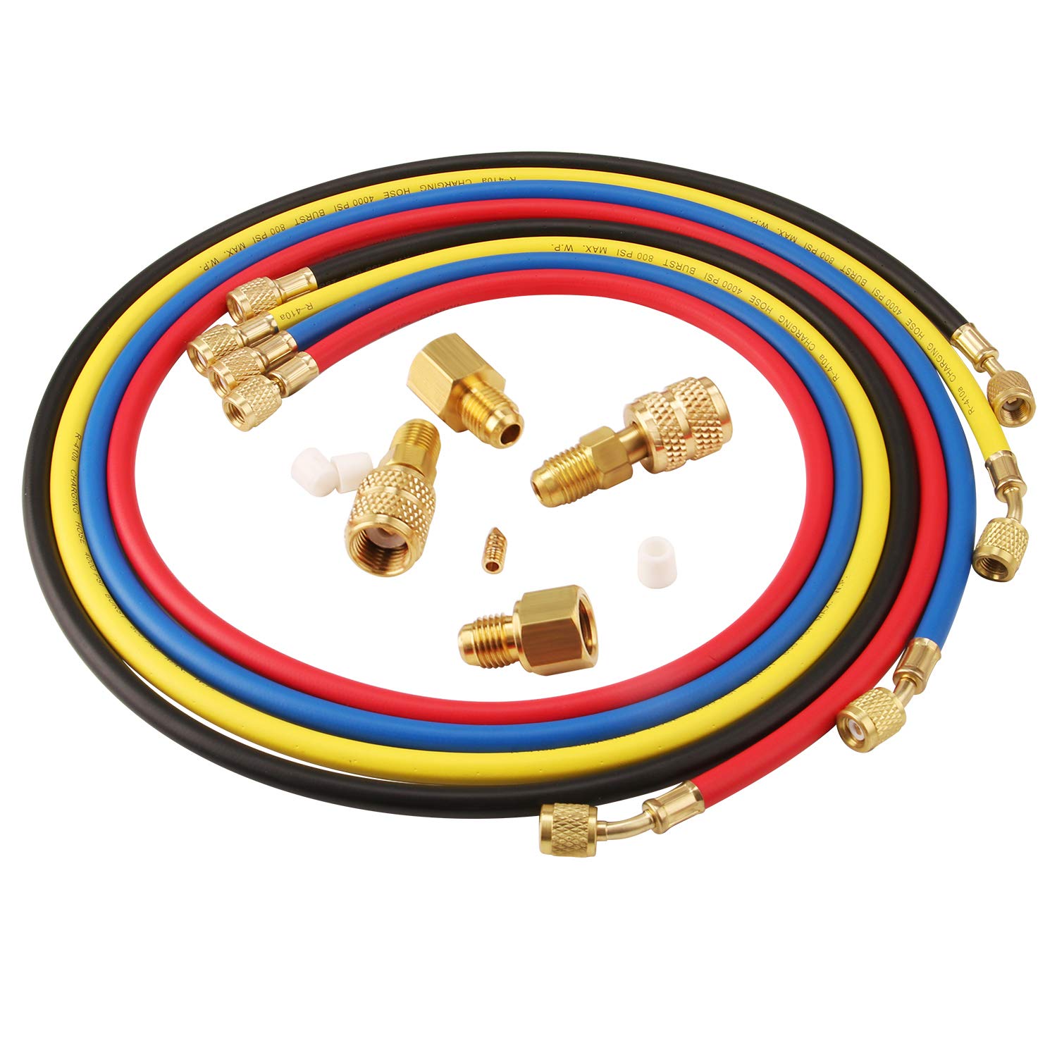Lichamp 4-Piece 5FT AC Manifold Gauge Hose Kit with 4 AC Adapters - Compatible with R134A, R410A, R404A, R12, R22, R502, R1234YF Refrigerants - Perfect for HVAC Repair, Auto AC Service, and Refrigeration Maintenance