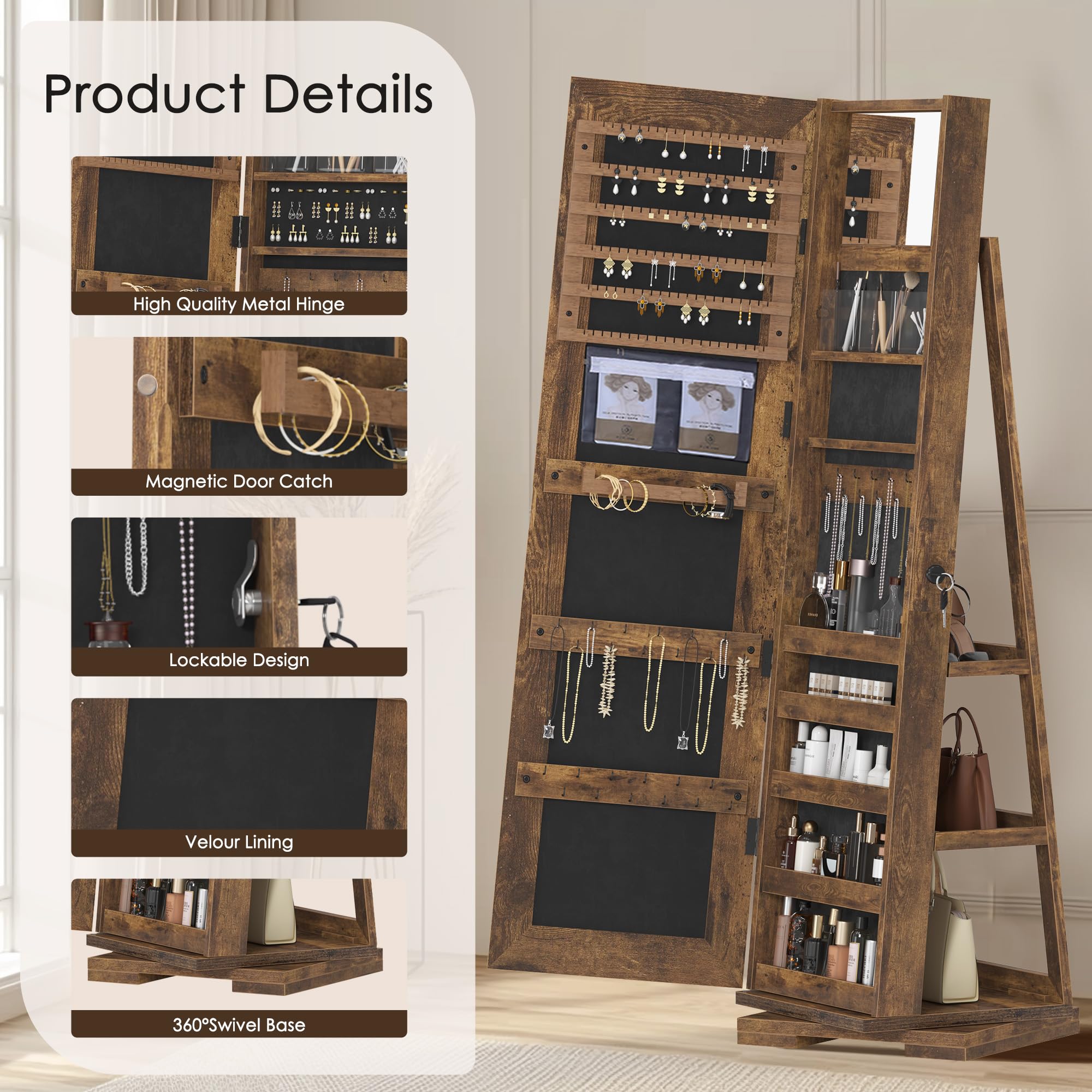 Soges 360° Swivel Jewelry Mirror Cabinet with Back Storage Shelves - Full Length Standing Rotating Mirror with Jewelry Organizer & Lockable Doors - Rustic Brown Armoire for Bedroom, Dressing Room & Closet Organization