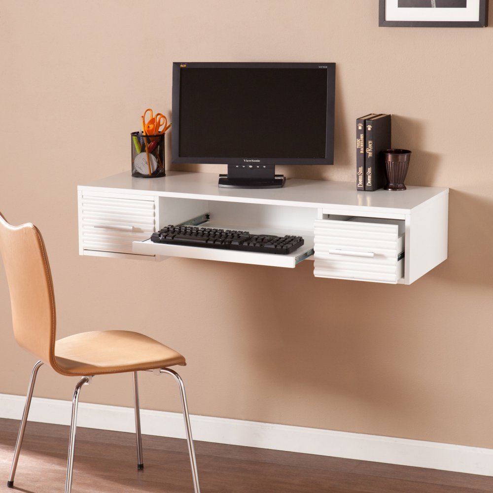 Southern Enterprises SEI Simon White Wall Mount Desk - Space-Saving Home Office Furniture for Small Rooms & Apartments