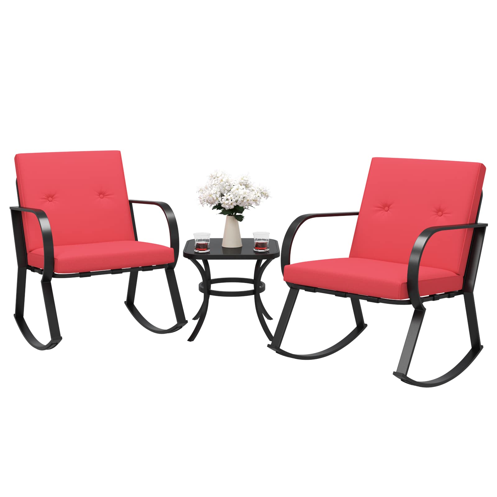 Flamaker 3-Piece Outdoor Rocking Chair Set - Upgraded Metal Bistro Furniture with Thickened Cushions & Coffee Table - Modern Patio Chairs for Porch, Balcony, Lawn & Garden - Perfect for Relaxing, Entertaining & Outdoor Dining (Red)