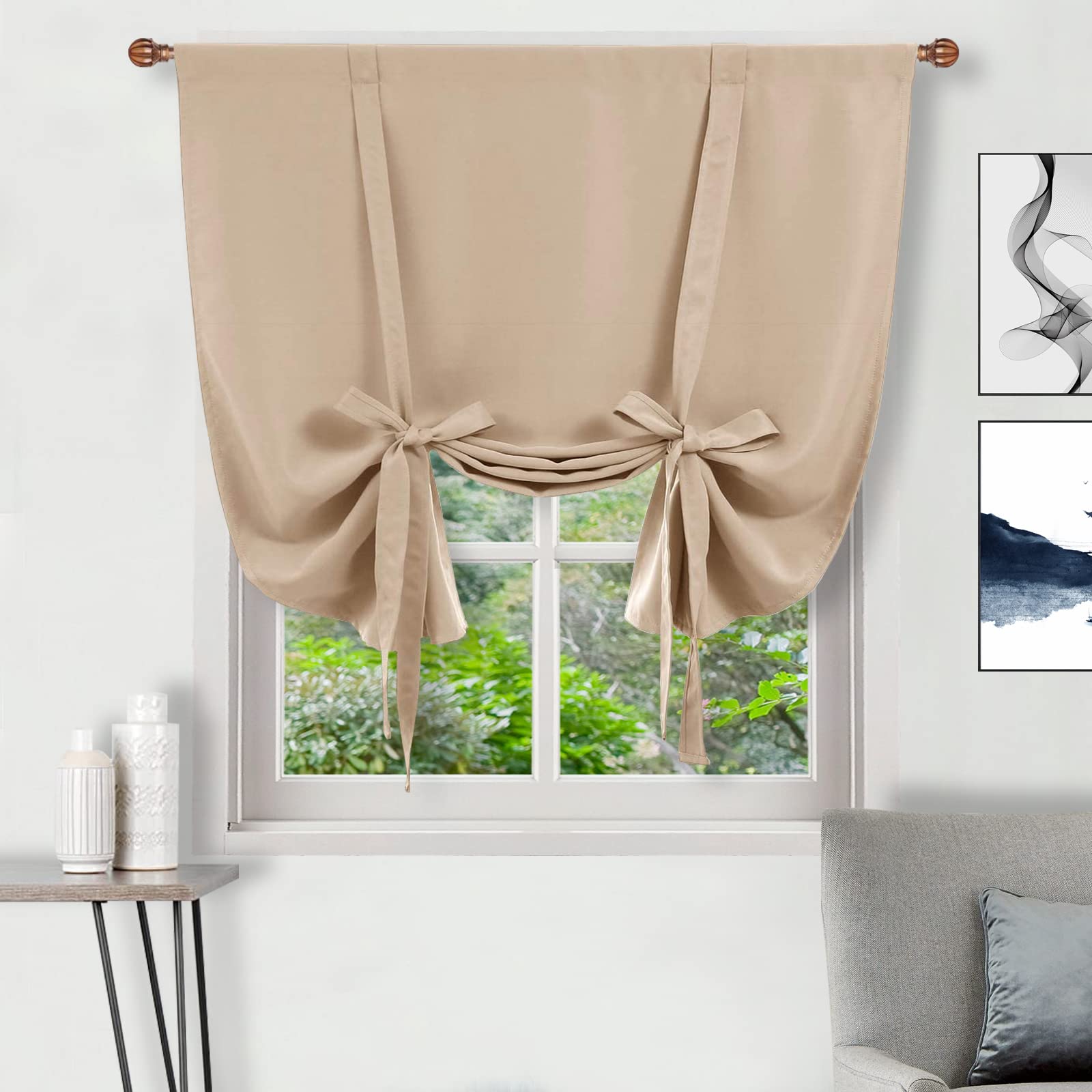 DWCN Blackout Curtains - Thermal Insulated Room Darkening Window Curtains with Rod Pocket & Tie-Up Shades, Beige (42x63 Inches, 1 Panel) - Perfect for Kitchen, Bedroom & Home Theater Light Control