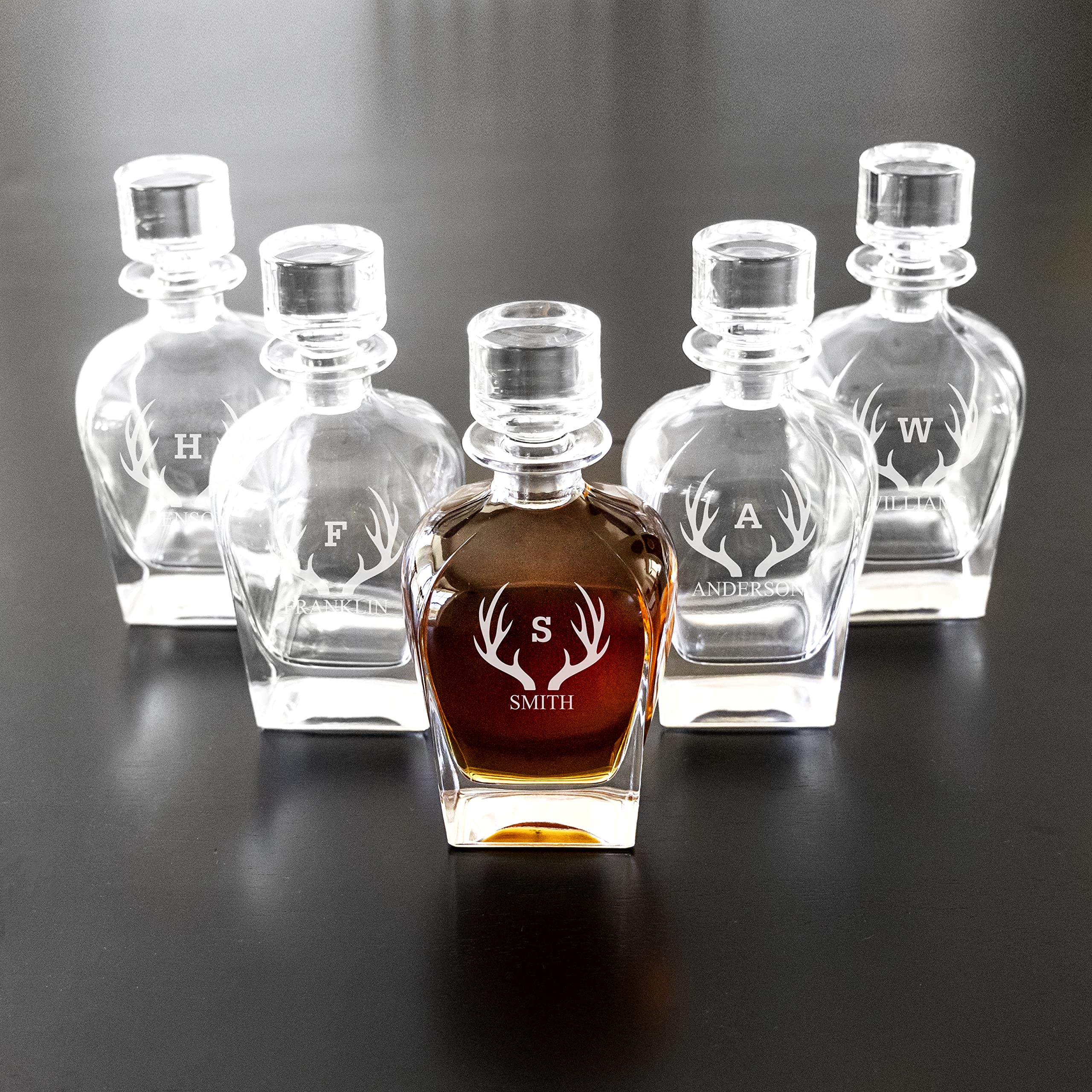 Personalized Decanter Set for Men - Custom Engraved Whiskey Decanters (Set of 5, 24 oz Antique) - Unique Groomsmen Proposal Gifts for Weddings, Bachelor Parties & Special Occasions