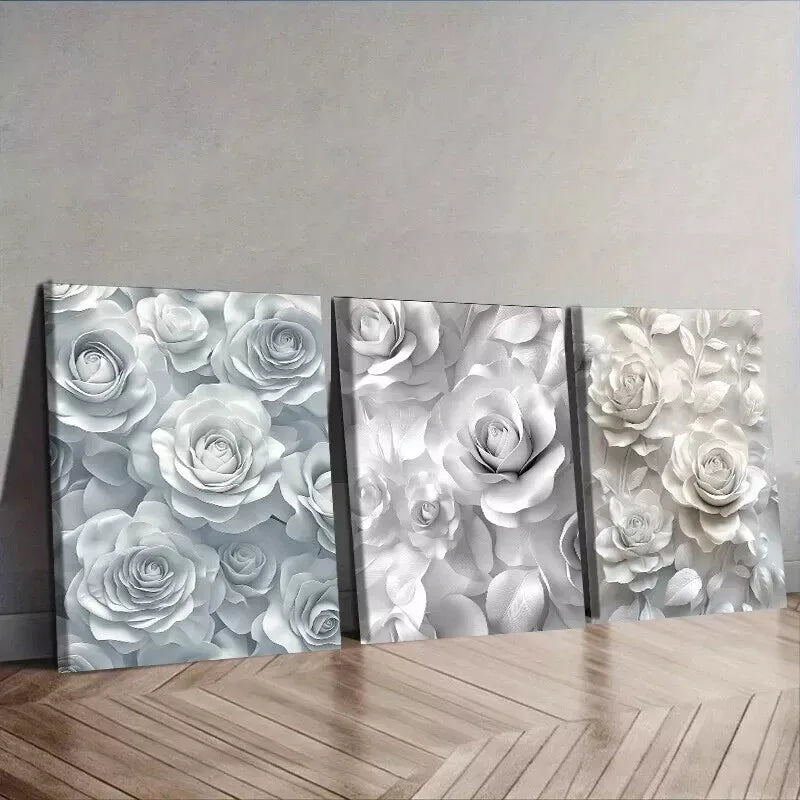 3-Piece White Roses Canvas Wall Art Set - Framed 50x70cm High Quality Print | Australian Made Ready-to-Hang Paintings for Living Room, Bedroom & Office Decor