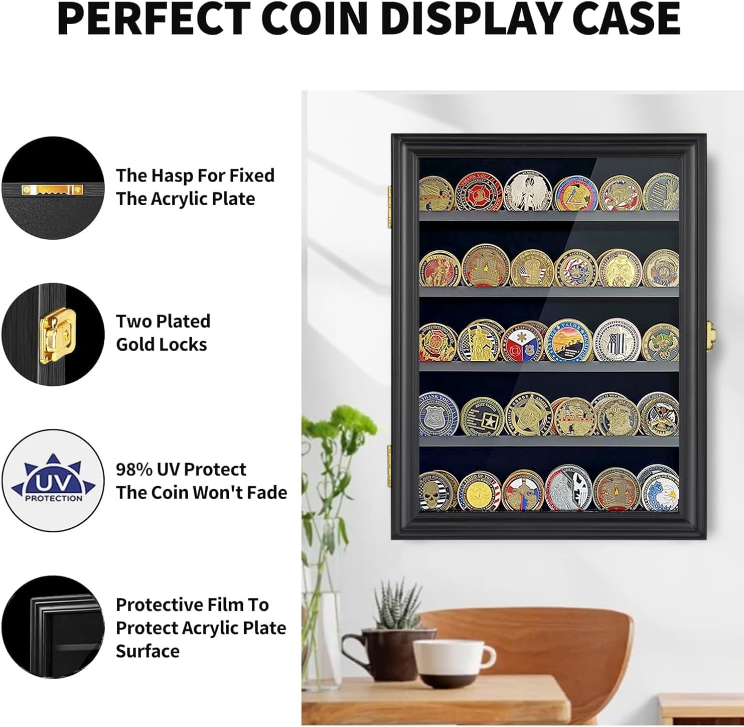 LIUYALO Lockable Shadow Box Display Case - Wall Mounted Medal & Military Challenge Coin Holder with Removable Shelves | Perfect for Collectors, Military Pins, Awards & Memorabilia Organization | Home, Office or Military Barracks Decor