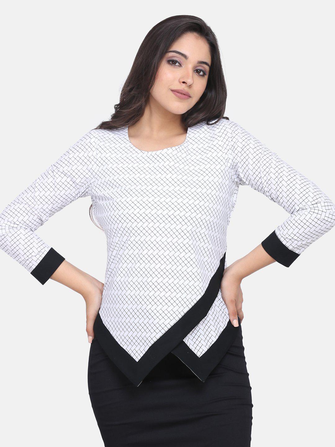 Stylish Geometric Pattern Patch Detail Cotton Top for Women - White | Casual Wear, Office Outfits & Everyday Fashion