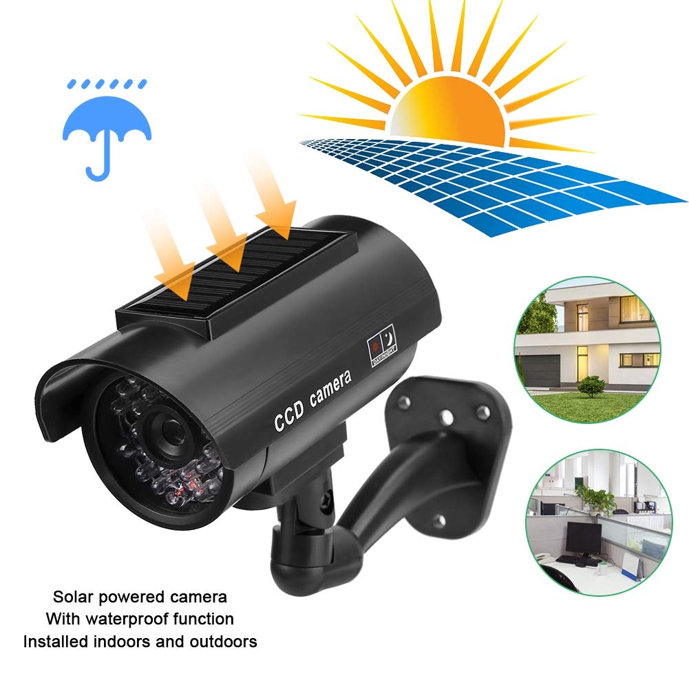 QANYEGN Solar Powered Fake Security Camera with Flashing LED Light - Waterproof Dummy Surveillance Camera for Stores, Malls & Hotels | Outdoor & Indoor Security Deterrent