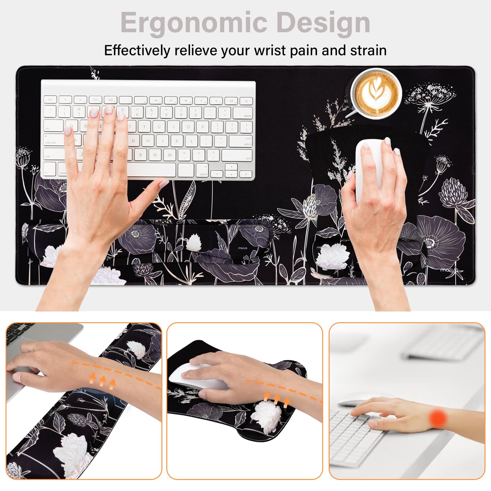 MOSISO Gaming Mouse Pad Set with Wrist Rest - Non-Slip Floral Design for Home Office & PC Gaming