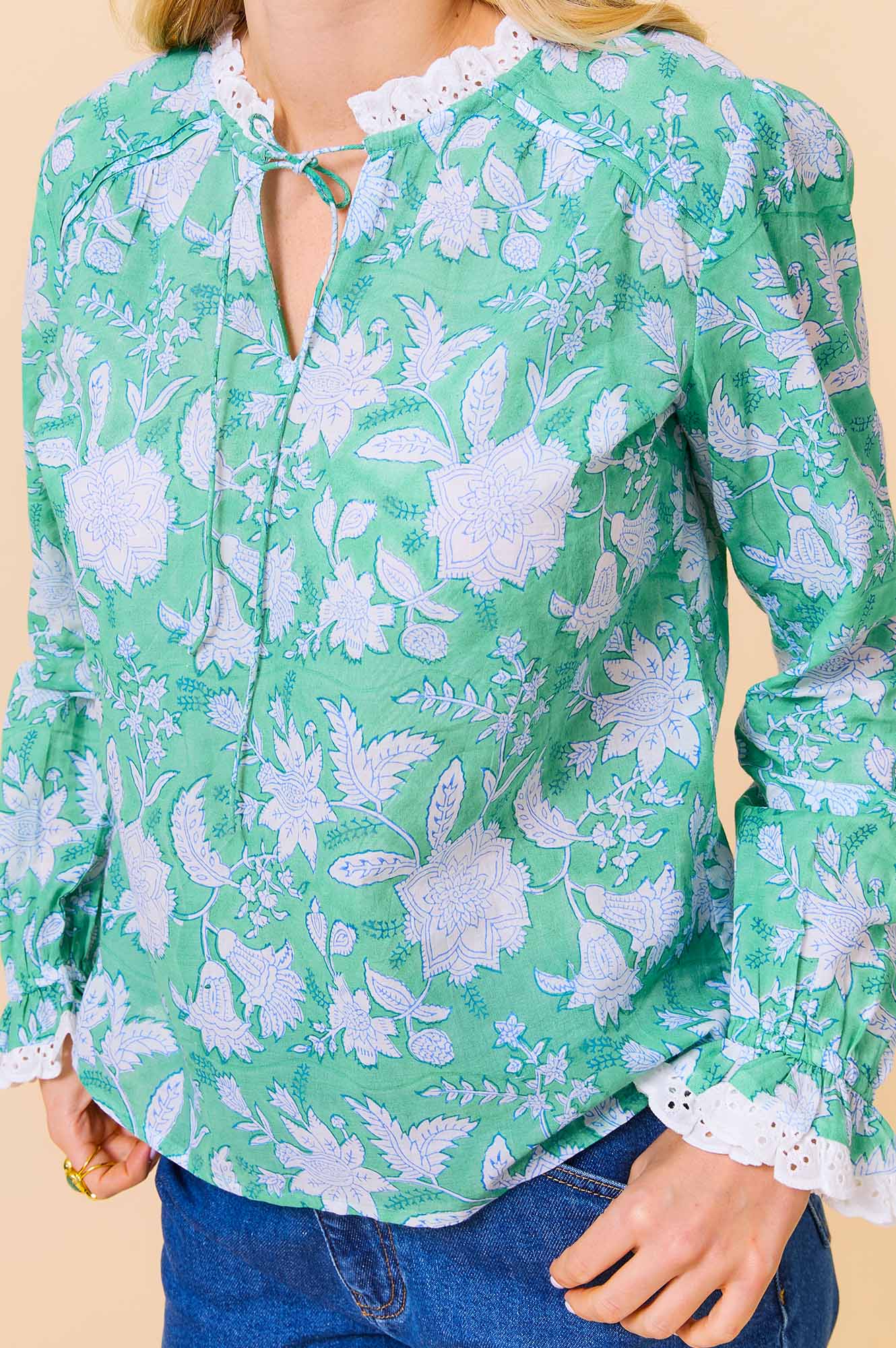 Rosie Organic Cotton Block Print Blouse - Lotus Green & Blue | Boho Chic Women's Top for Casual Wear, Office & Summer Outfits