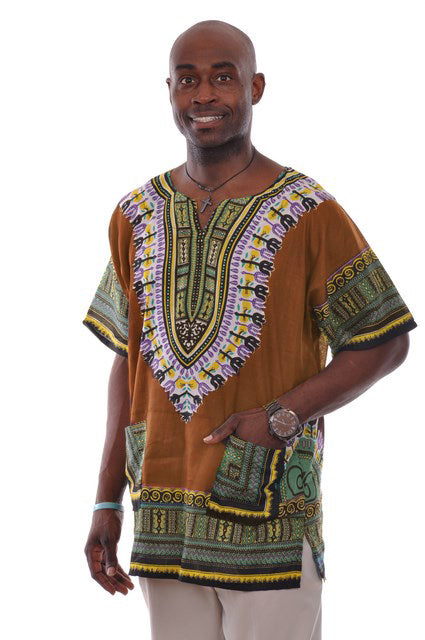 Authentic African Dashiki Shirt for Men - Bronze Brown Tribal Print Cotton Top DP3757M | Perfect for Cultural Events, Weddings & Afrocentric Fashion