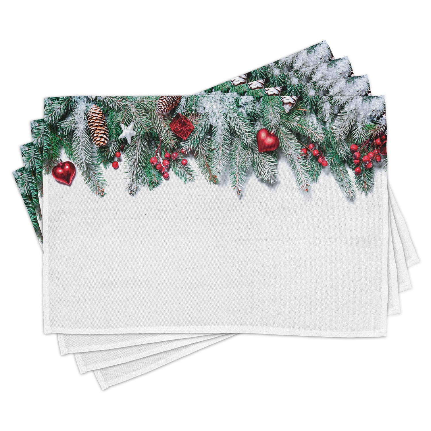 Ambesonne Christmas Placemats Set of 4 - Snowy Xmas Branch Design with Vibrant Baubles, Stars, Berries, Pinecones & Mistletoe - Washable Fabric Table Mats for Holiday Dining - Standard Size 12x18 Inches - Red & Green Christmas Decor - Perfect for Christmas Dinner, Holiday Parties & Festive Table Settings