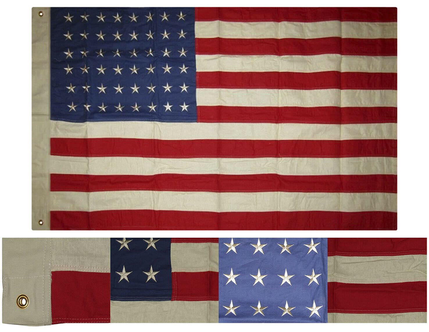 Vintage 48 Star USA Flag 3x5 ft - Embroidered 100% Cotton American Tea-Stained Banner - PIÑATAS OLE Patriotic Decor for Home, Parties & Historical Displays