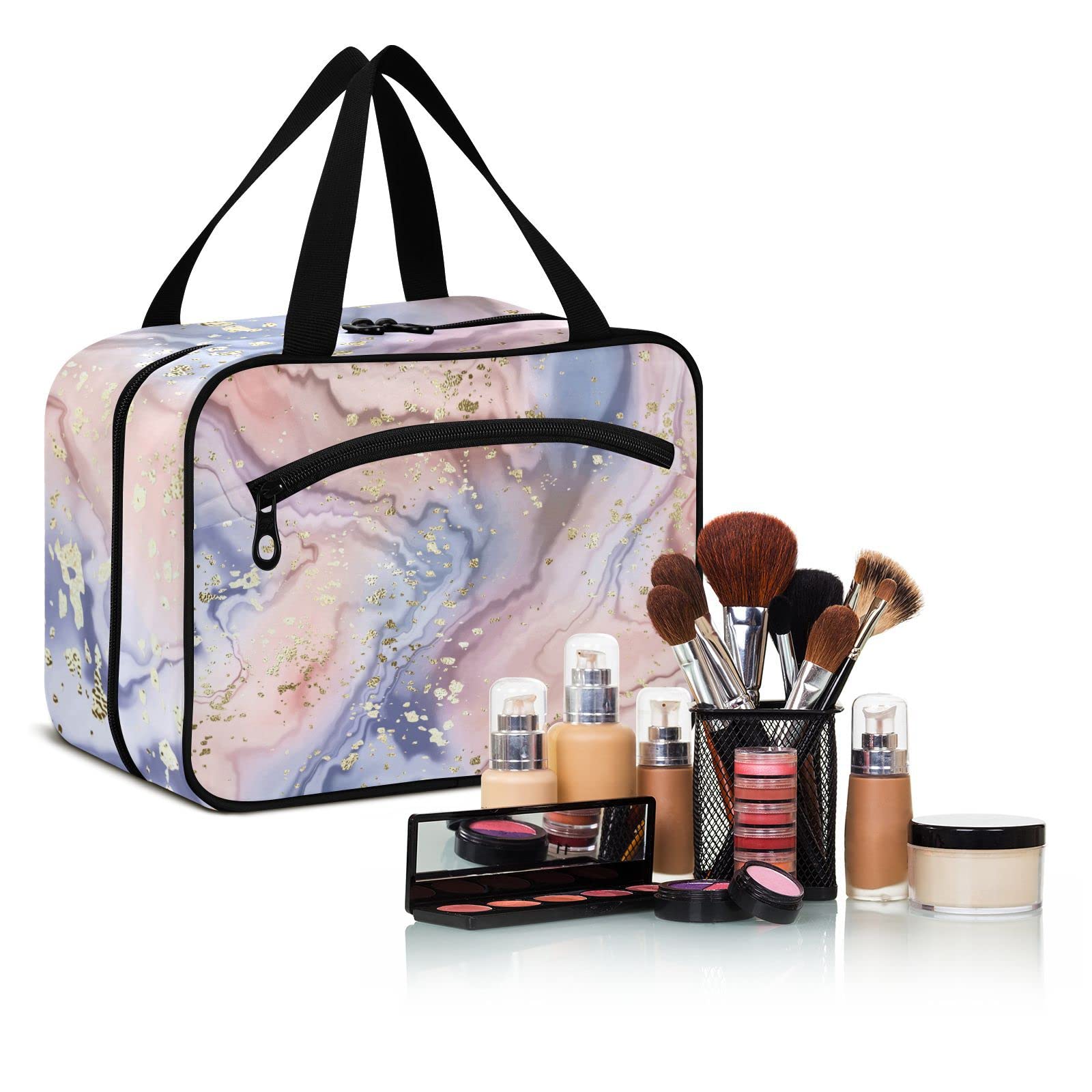 Gold Glitter Rose Marble Travel Toiletry Bag - Hanging Cosmetic Organizer for Women | Perfect for Vacation & Gym