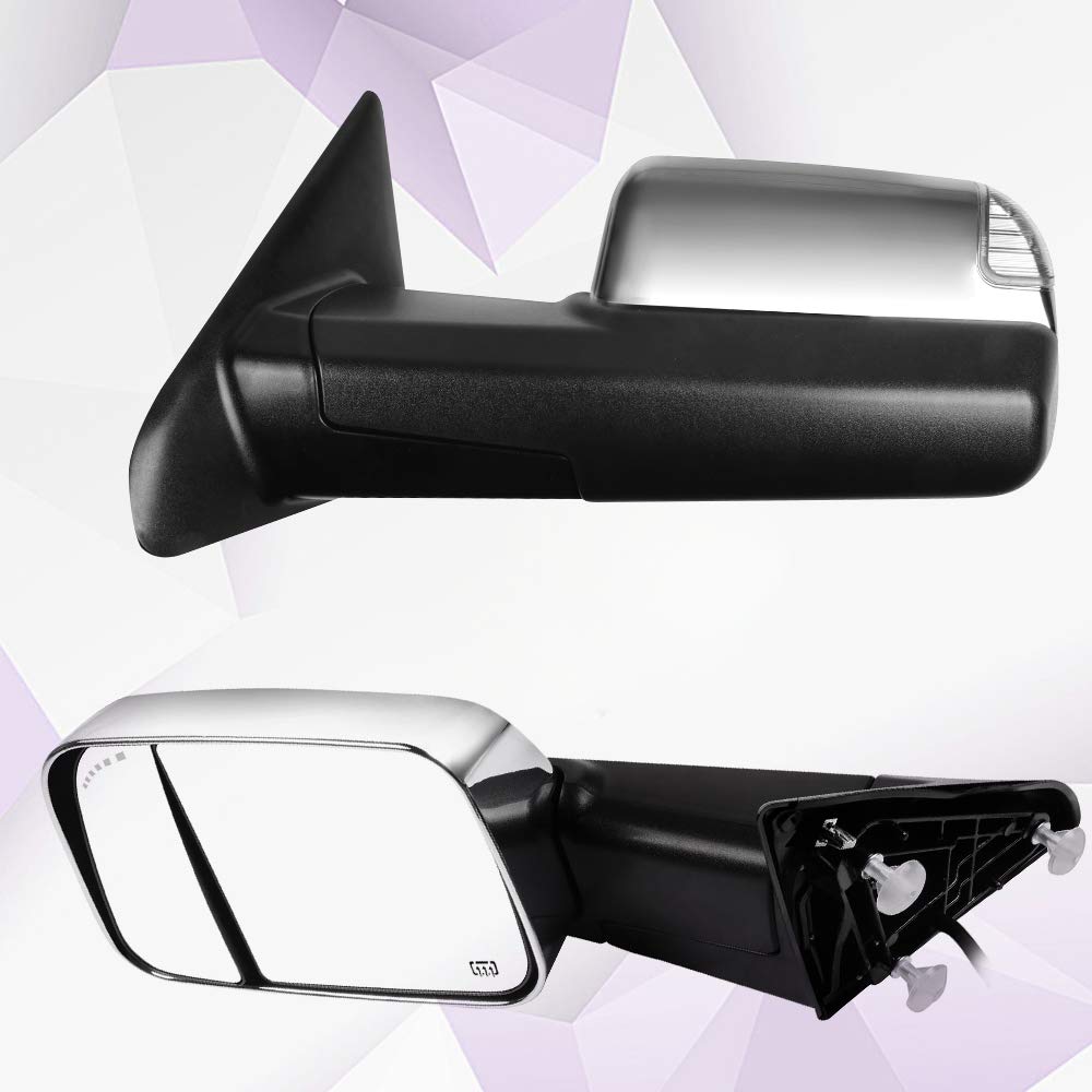 2010-2018 Dodge Ram 1500/2500/3500 Power Adjustable Heated Towing Mirrors with LED Turn Signal & Puddle Light - Chrome Side View Mirrors for Enhanced Visibility and Safety While Towing or Parking