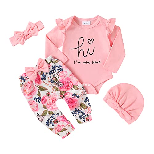 Adorable Newborn Baby Girl Clothes Set - 4PCS Long Sleeve Ruffle Romper & Floral Pants with Headband | Perfect for Photoshoots, Birthday Gifts & Special Occasions