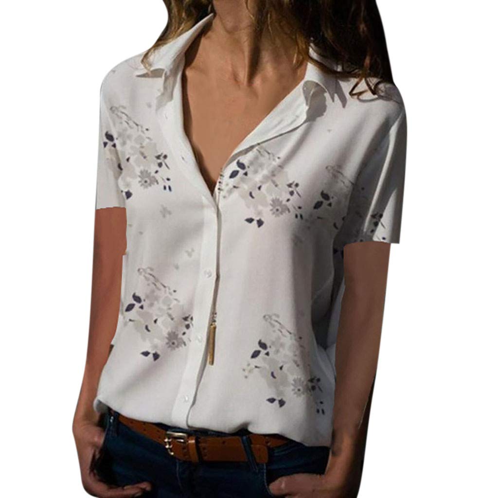 Women's Casual V-Neck Short Sleeve Blouse - Flowy Loose Fit Printed Pullover Top (White, Medium) | Perfect for Office Wear, Date Nights & Summer Outfits