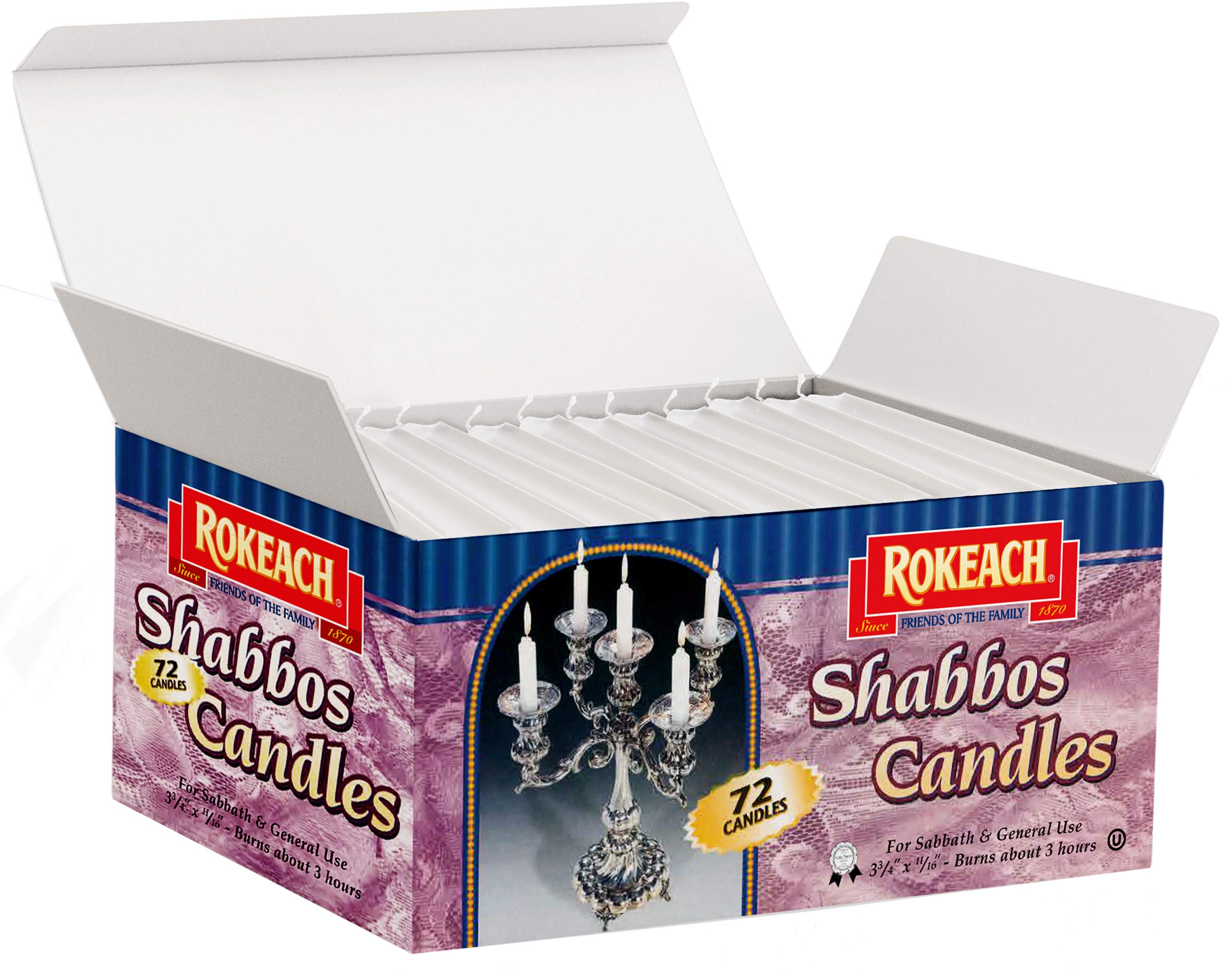 Rokeach Traditional 3-Hour Shabbat Candles - 72 Count White Sabbath Candles for Candlesticks, Hanukkah & Jewish Holiday Use - Perfect for Shabbat Dinner, Synagogue & Home Worship Ceremonies