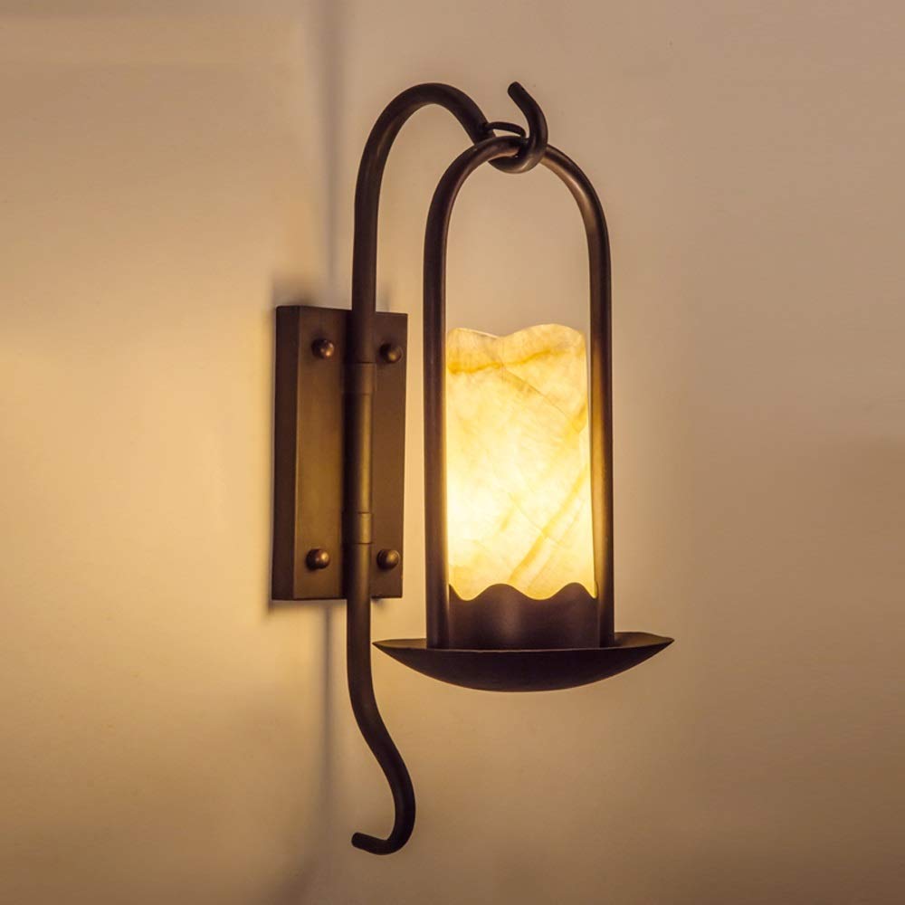Vintage American Country Antique Metal Wall Lamp - Black Finish Retro Wall Light Fixture with Marble Candle Holder - E27 Edison Bulb Compatible - Perfect for Indoor Corridor, Aisle, Loft, Cafe & Bar Lighting