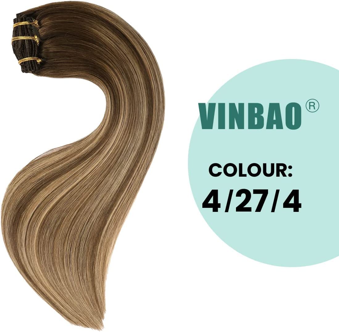 VINBAO 20 Inch Clip In Human Hair Extensions - 6pcs 120g Double Drawn Remy Hair (#4/27/4) Balayage Chocolate Brown to Caramel Blonde - Perfect for Parties, Weddings & Daily Styling