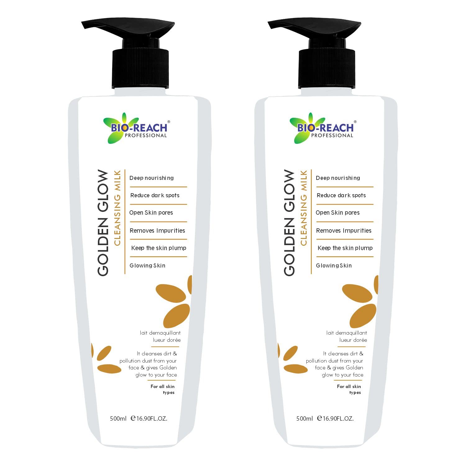 BIO-REACH Golden Glow Cleansing Milk - Hydrating Facial Cleanser for Dry & Sensitive Skin (2 x 500ml) | Gentle Makeup Remover & Daily Skincare Routine Essential