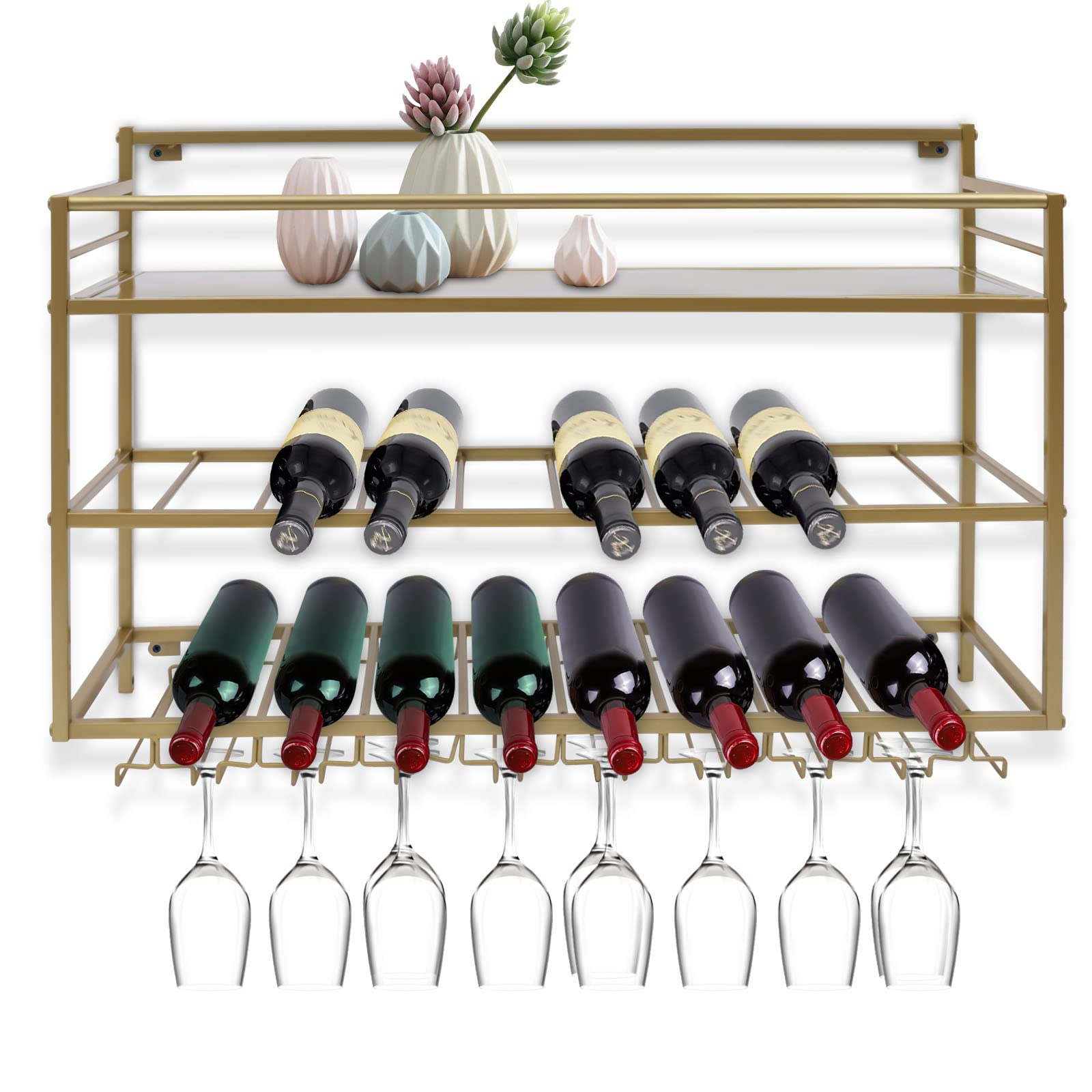 Modern Metal Wall Mount Wine Rack - Holds Red, White & Champagne Bottles with Wine Glass Storage - Kitchen Bar Décor for Home, Restaurant & Party Entertaining