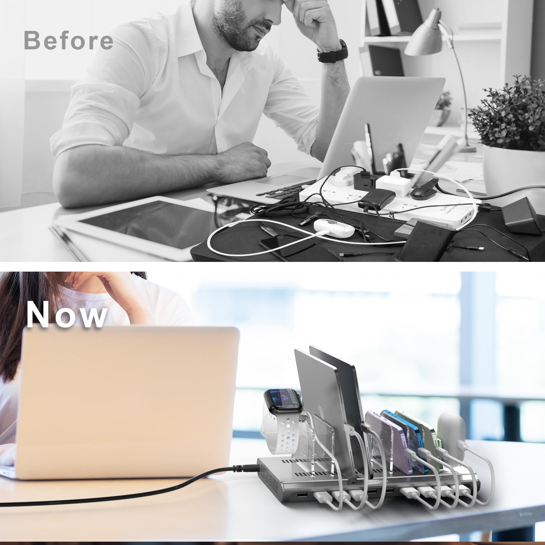 Unitek 10-Port USB Charging Station for iPad, iPhone, Android | Fast Multi-Device Charger Dock | Cell Phone Organizer for Home, Office & Travel | Silver
