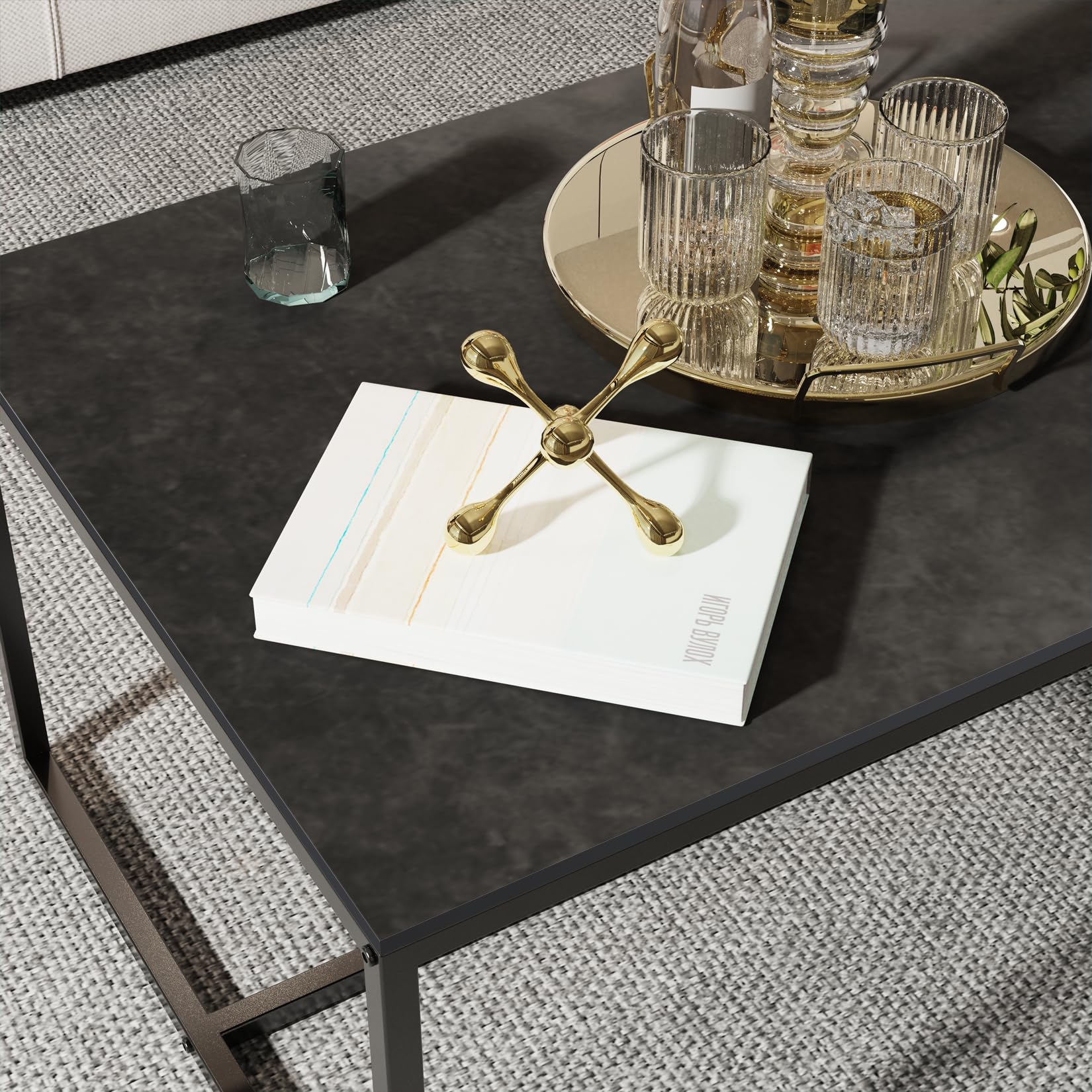 Wisfor Sintered Stone Coffee Table - Black Rectangular Sofa Center Table with Sturdy Metal Frame - Modern Living Room Furniture Decor (39.4x23.6x15.7 Inch) - Perfect for Small Spaces, Apartments & Cozy Home Gatherings
