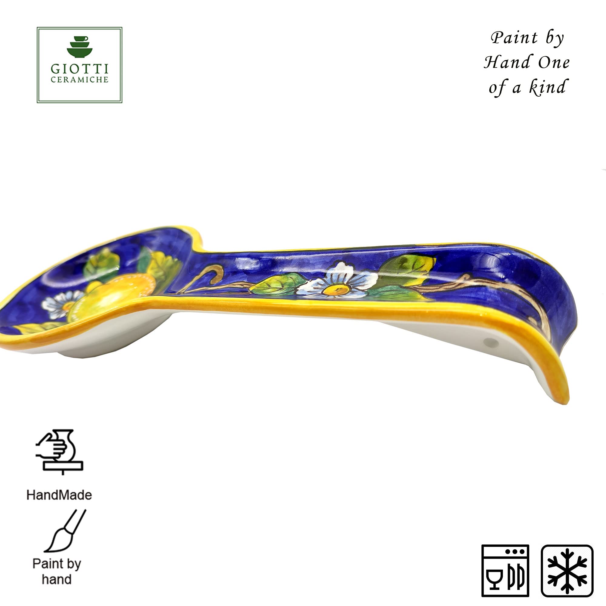 Italian Ceramic Spoon Rest for Kitchen Countertop - Hand Painted Lemon Blue Decor by Giotti Ceramiche - Made in Italy Tuscany - Stovetop Spoon Holder & Home Decor Pottery - Perfect for Cooking, Serving, and Kitchen Organization