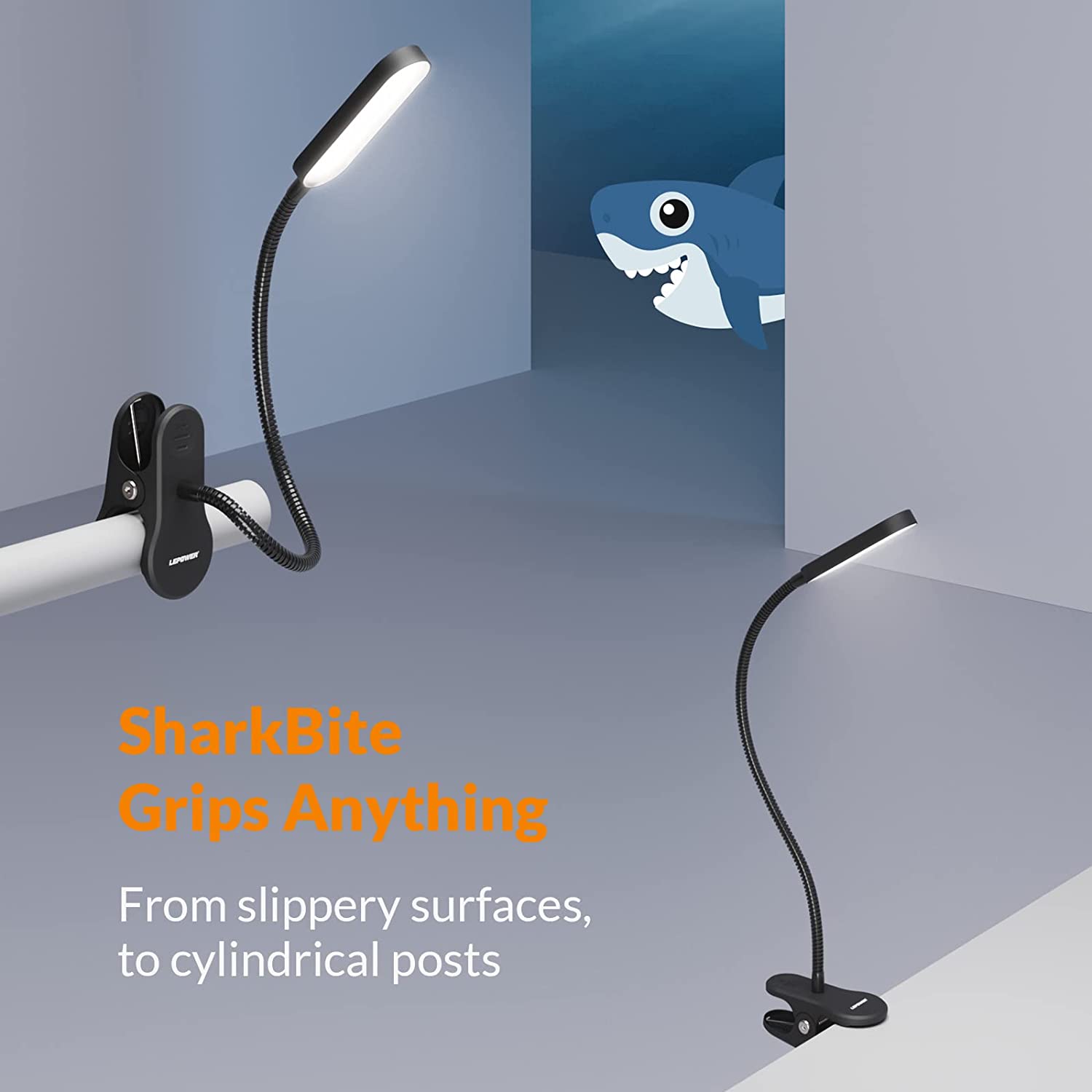 SharkBite LED Clip-On Light - Dimmable Eye-Caring Desk Lamp with Anti-Blue Light Technology for Reading, Studying & Office Work