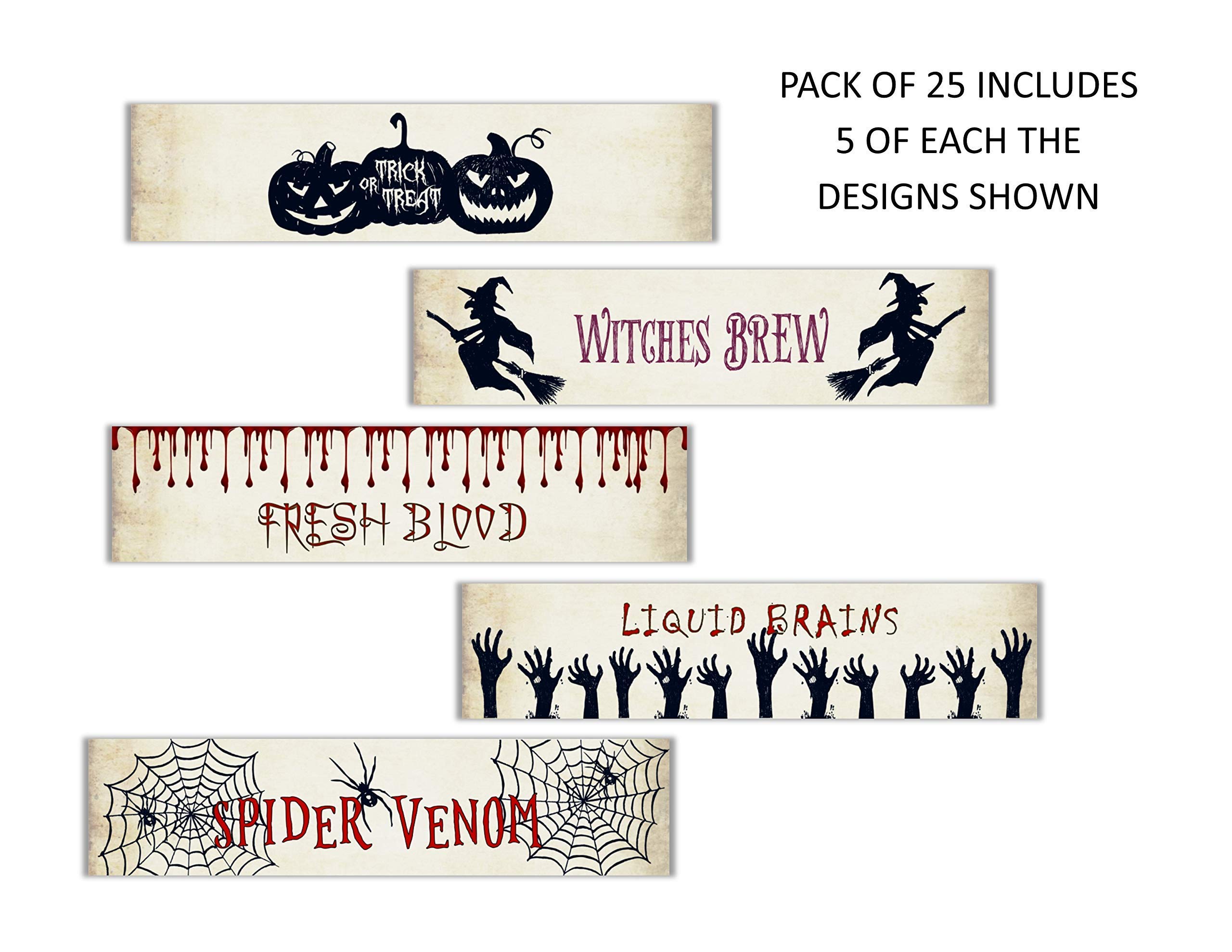 Halloween Water Bottle Labels - Personalized, Waterproof, Peel & Stick Wrappers - Pack of 25 with 5 Assorted Designs - Perfect for Halloween Parties, Trick or Treating, and School Events