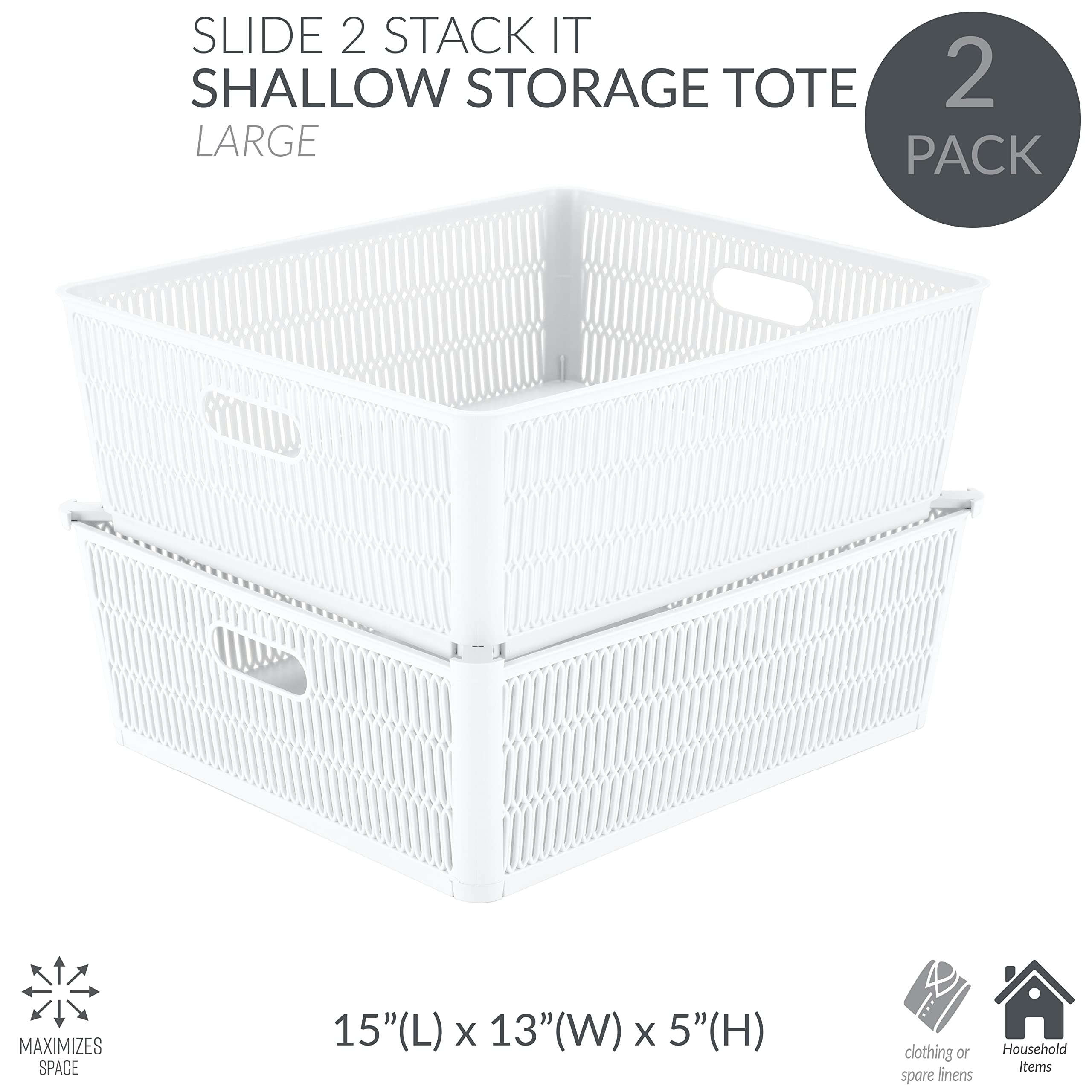 Simplify 4-Pack Shallow Slide Stackable Storage Bins | White Open Tote Baskets for Bathroom, Pantry, Playroom & Office Organization | Stackable Home & Craft Storage Solutions | Perfect for Shelves, Closets & Under-Bed Storage