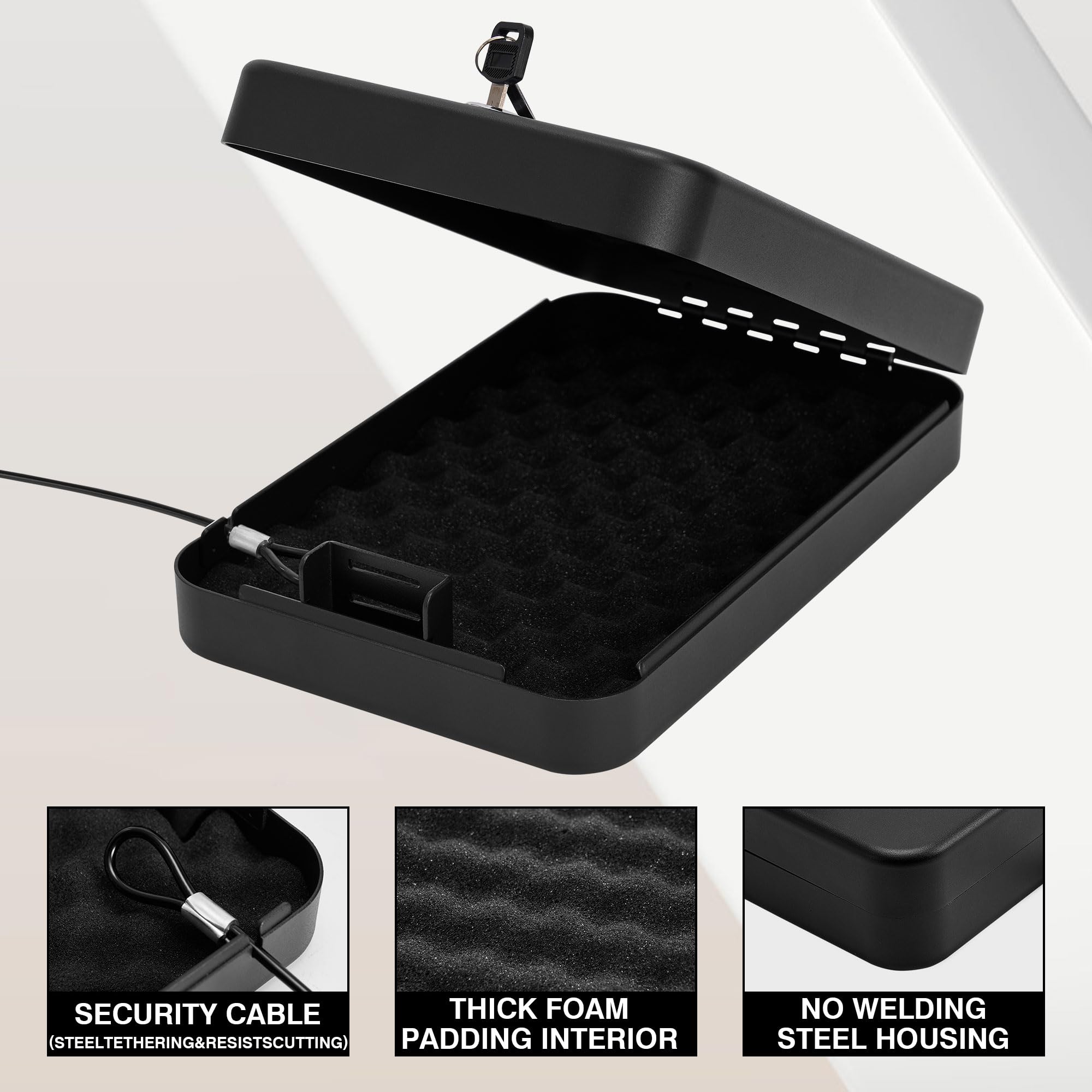 Secure Handgun Safe with Key Lock - Compact 9.4x6.6x1.8 Inch Portable Pistol Safe for Car, Home & Travel - Gun Storage Solution for Vehicle, Nightstand & Personal Protection - Black