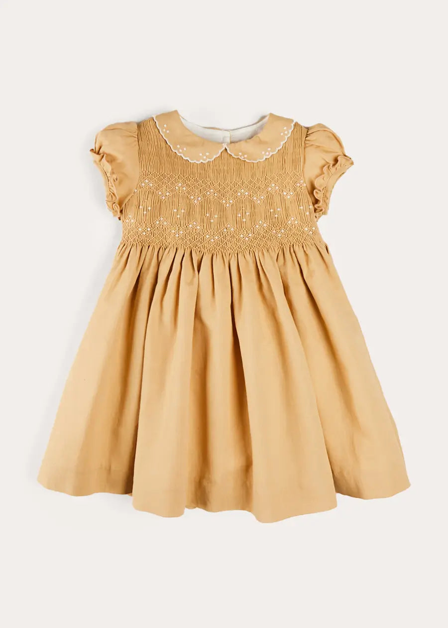 Hand Smocked Peter Pan Collar Short Sleeve Dress for Girls in Beige (12 Months - 10 Years) | Perfect for Birthday Parties, Easter, and Special Occasions