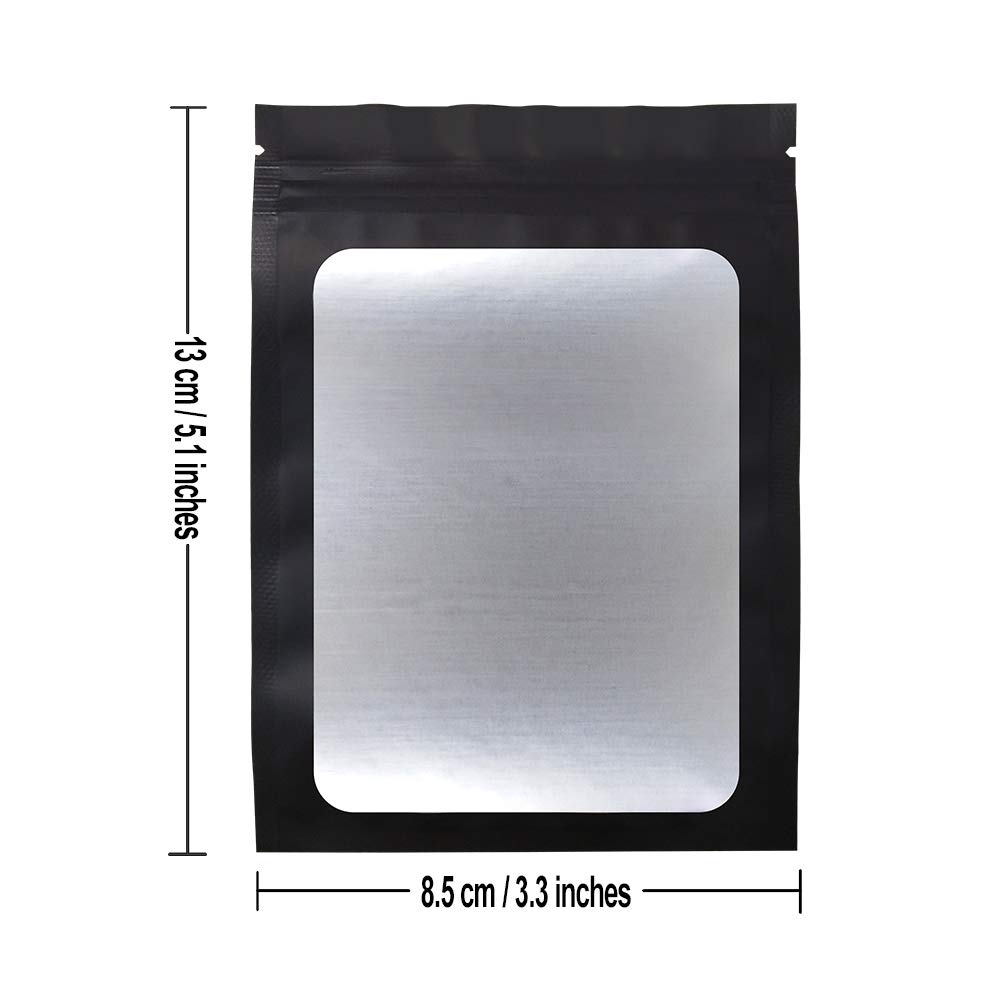 100 Pack Smell Proof Mylar Bags 3.3 x 5.1 Inch - Airtight Foil Pouch with Clear Window, Matte Black Flat Bags for Storage, Travel & Organization (Perfect for Food, Herbs, Jewelry & Small Items)