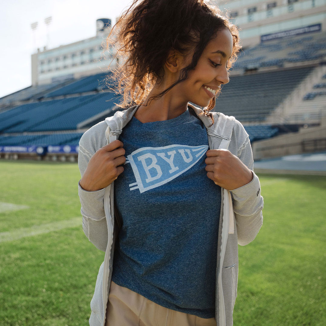 BYU Boyfriend T-Shirt - Navy Blue Tilted Flag Design - Comfortable Casual Wear for College, Game Day & Everyday Outfits