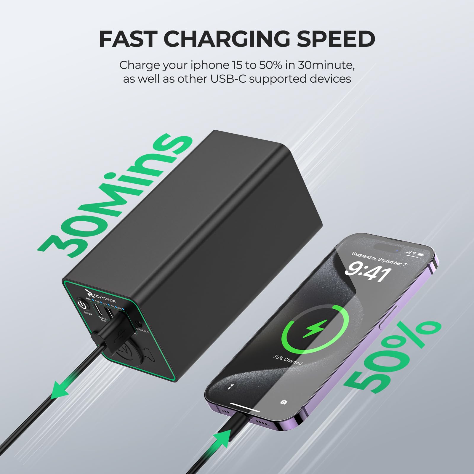 RoyPow 30W PD Portable Charger with 12V 10A Cigarette Lighter Socket - 86.58Wh USB C Power Bank for Laptop & Devices - 18W QC & 12V DC Battery Pack - Ideal for Dash Cam, Astrophotography, Camping, Road Trips & Outdoor Adventures
