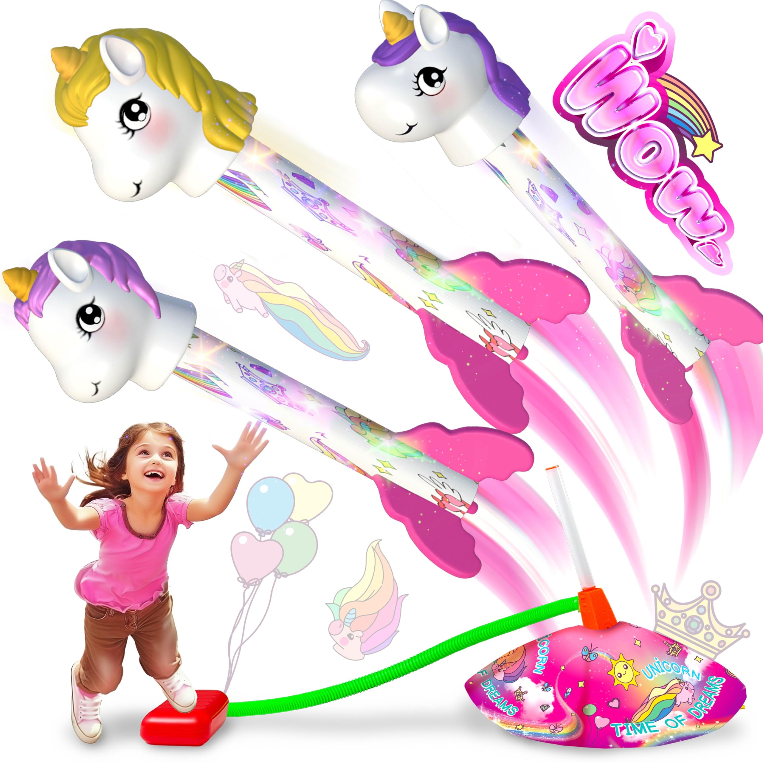 Unicorn Toy Rocket Launcher for Kids - 3 LED Light Up Rockets, Stomp Launch Outdoor Play Toy - Best Birthday Gift for Girls & Boys Ages 3-8 (Great for Backyard, Park & Outdoor Activities)