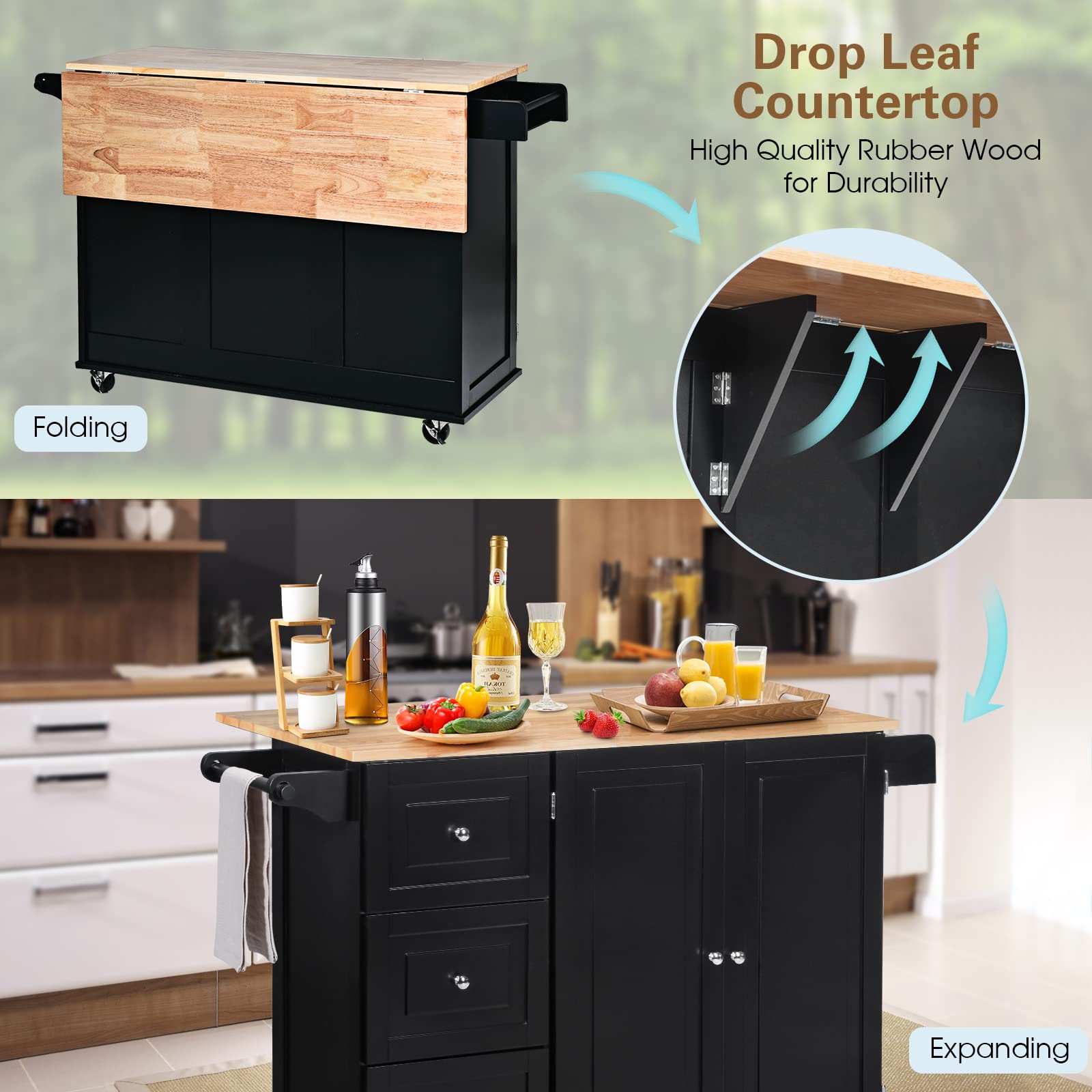 COSTWAY Rolling Kitchen Island Cart with 2-Door Cabinet, 3 Drawers & Spice Rack - Adjustable Shelves & Drop-Leaf Rubber Wood Top - Mobile Storage for Small Kitchen, Dining Room & Apartment (Black)