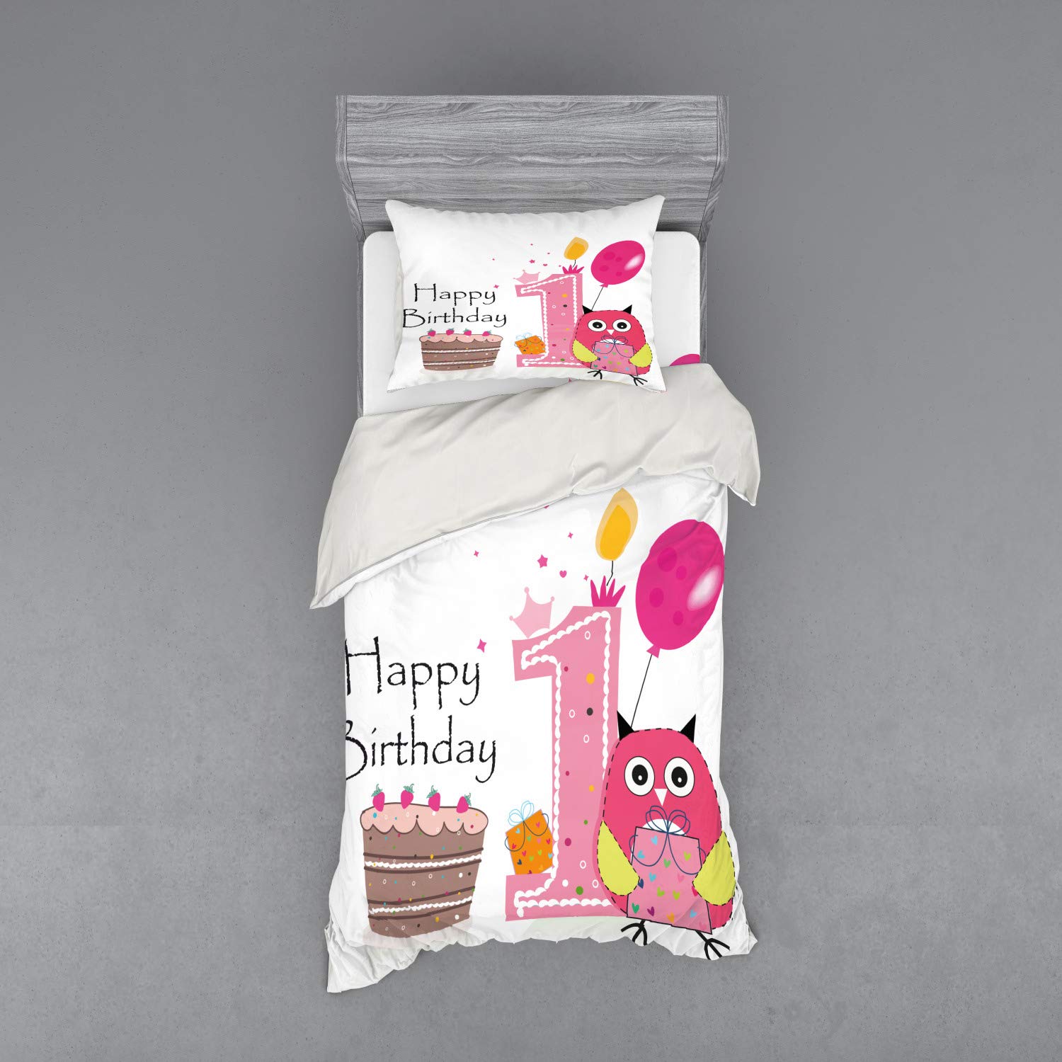 Ambesonne Twin XL 3-Piece Duvet Cover Set - 1st Birthday Cartoon Owl Design with Cake & Candle, Brown Hot Pink Bedding with Sham & Fitted Sheet | Perfect for Baby's First Birthday Gift, Nursery Decor & Toddler Room Theme