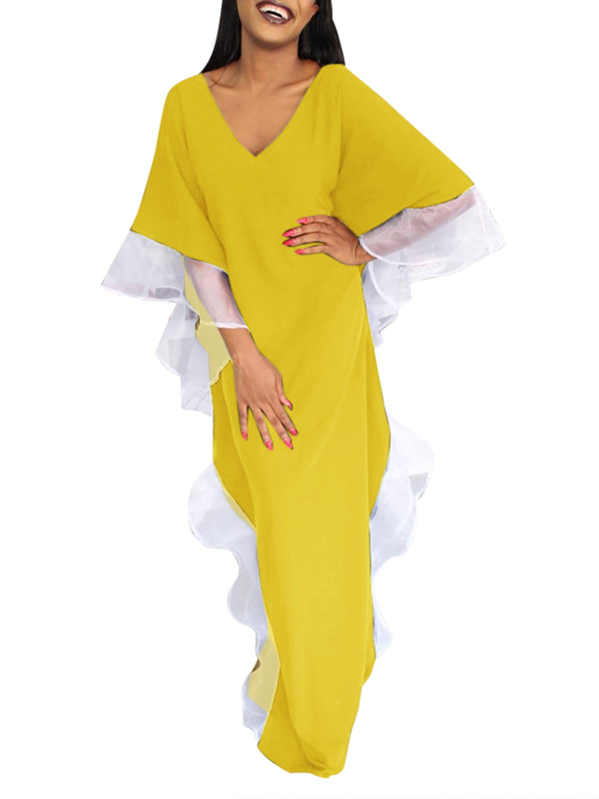 Celmia Women's V-Neck Long Sleeve Ruffle Maxi Dress for Wedding, Graduation & Special Occasions - Elegant Batwing Sleeve Formal Gown for Evening Parties, Prom & Cocktail Events