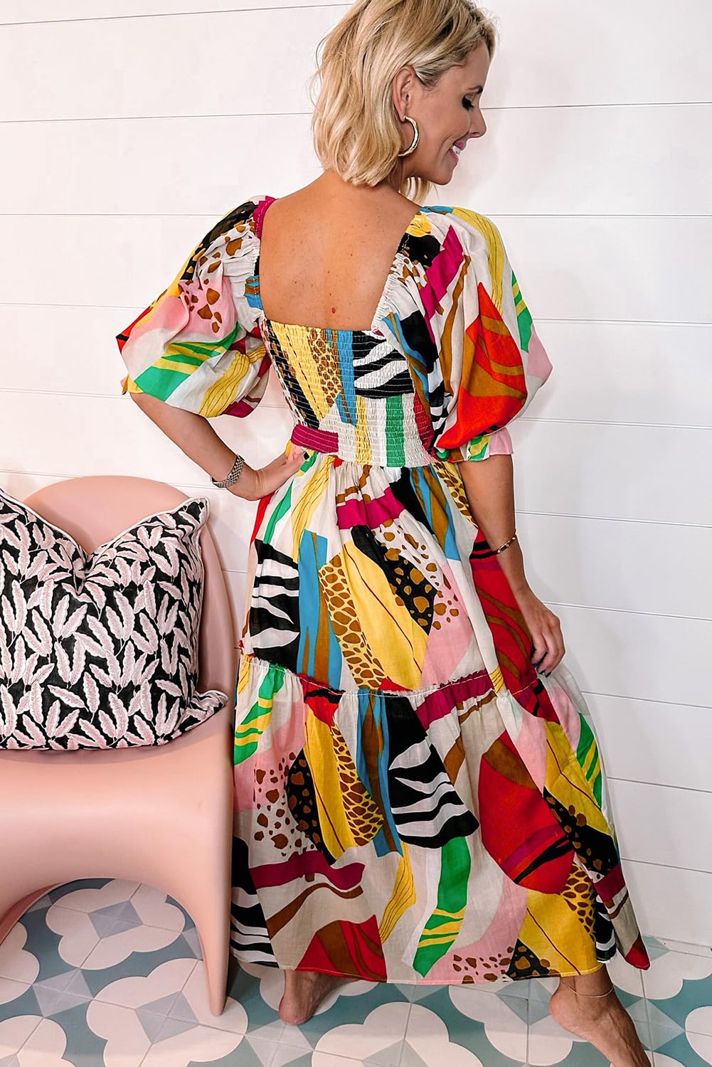 Boho White Square Neck Smocked Abstract Print Maxi Dress for Women - Perfect for Beach Vacations, Summer Outings, and Boho Chic Fashion