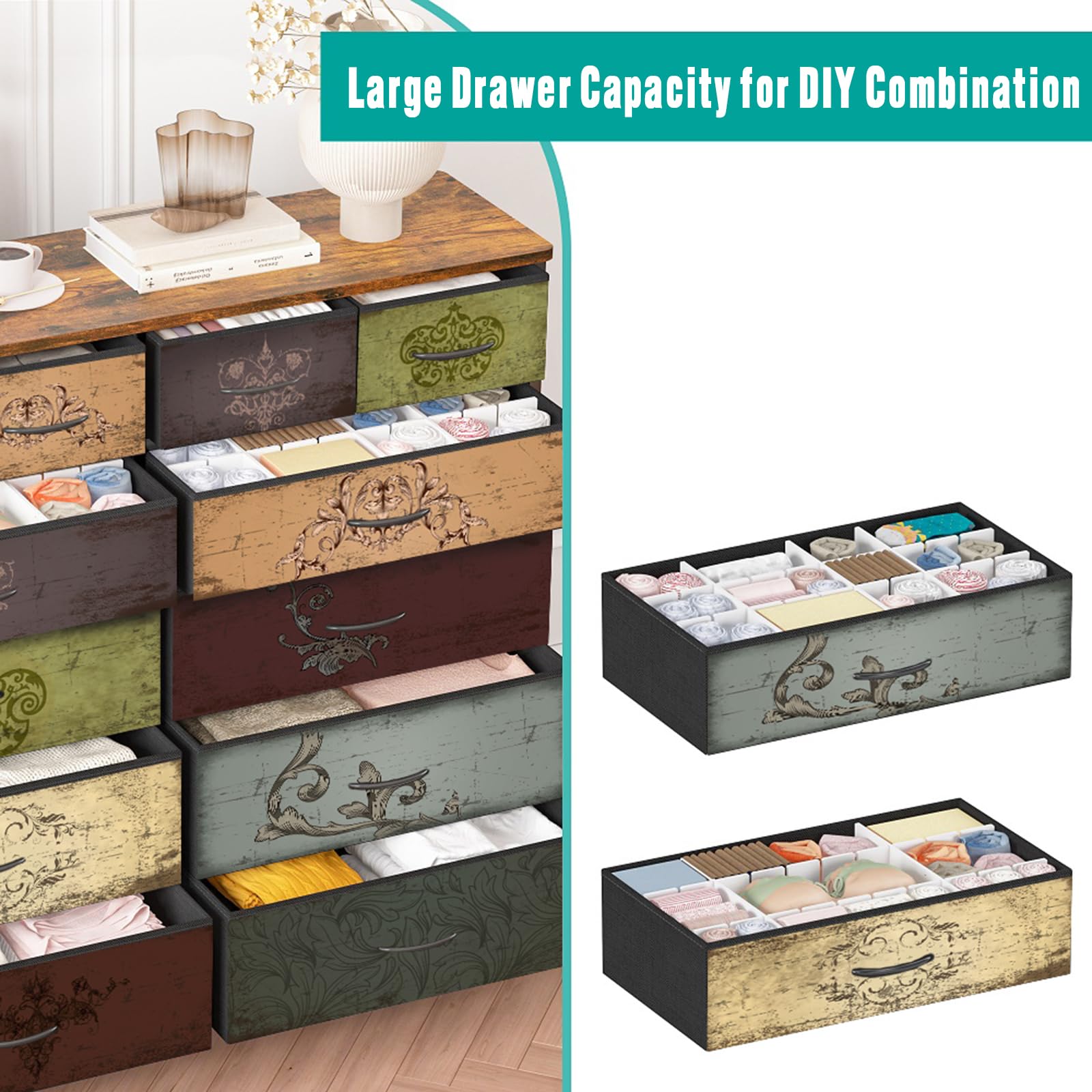 12-Drawer Tall Fabric Dresser for Bedroom - Modern Storage Chest with Drawers for Closet, Nursery, Bedside, Living Room, Entryway & Hallway | Space-Saving Organizer for Clothes, Toys & Home Essentials (Pattern)