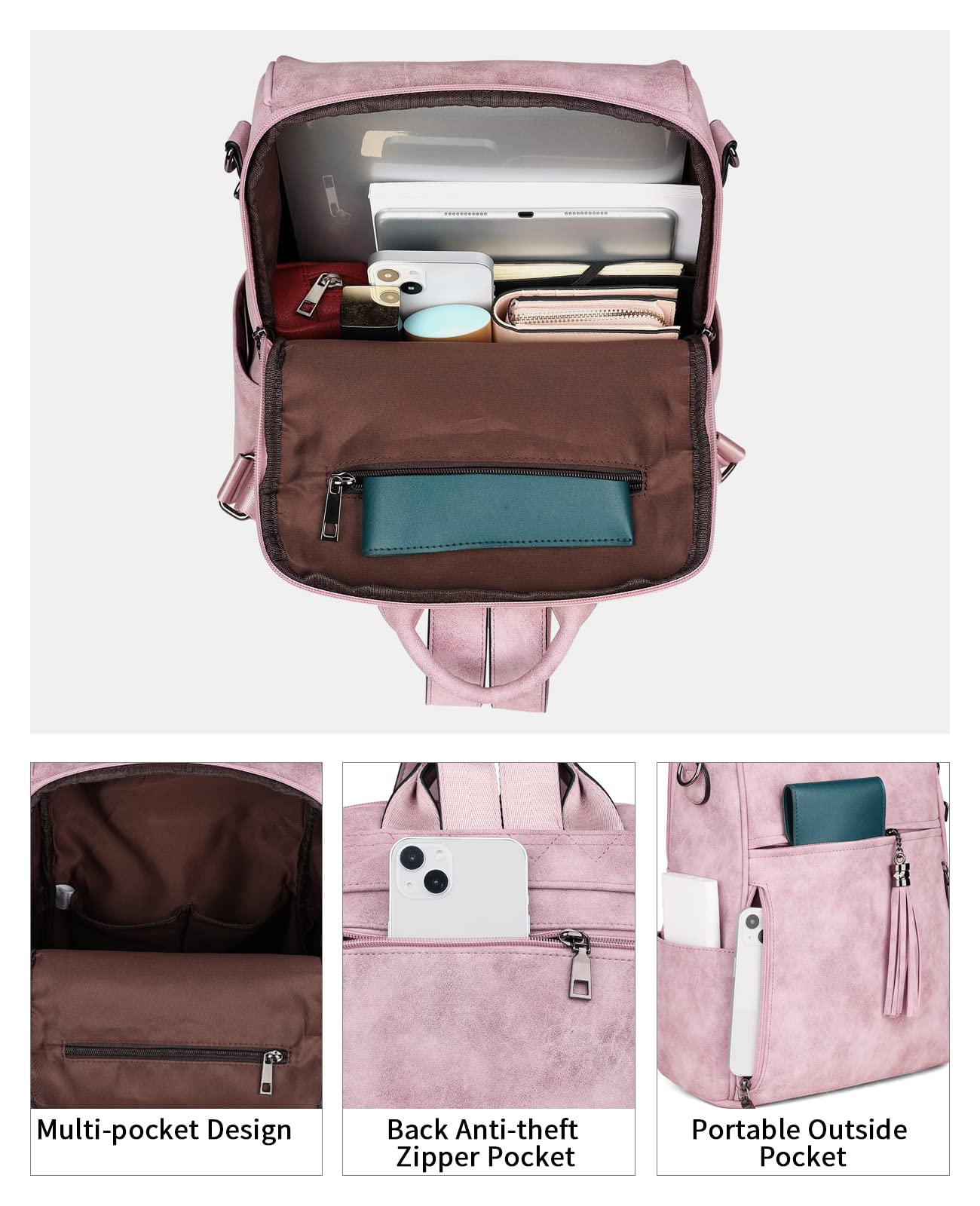 FADEON Women's Leather Backpack Purse - Stylish PU Shoulder Bag with Tassel for Travel, Work & Daily Use | Fashionable Pink Designer Handbag for Women