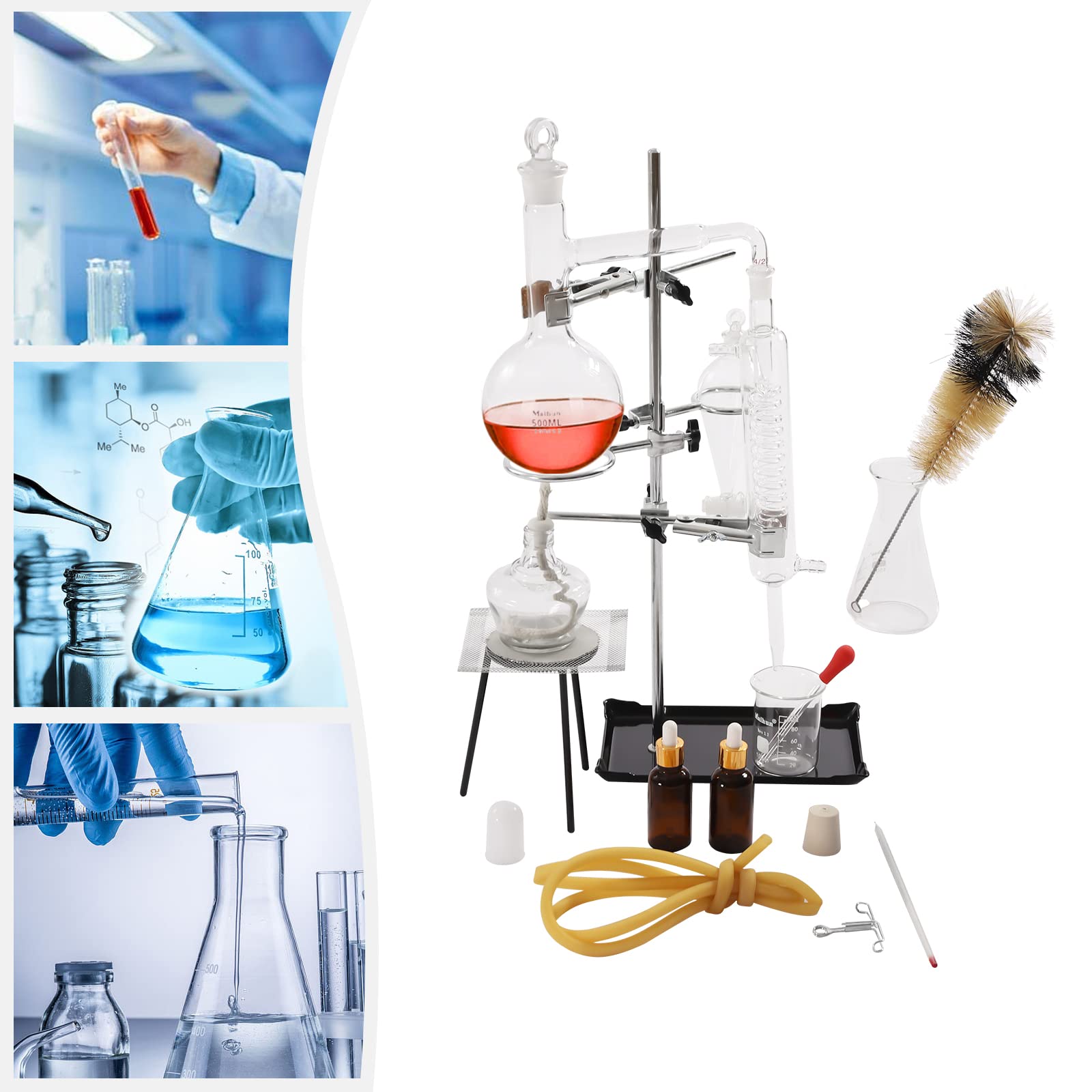 500ml Lab Glassware Distillation Kit - Steam Water & Alcohol Distiller, Organic Chemistry Purifier Equipment for Home & Lab Use | Perfect for Essential Oil Extraction, Chemistry Experiments & DIY Distilling
