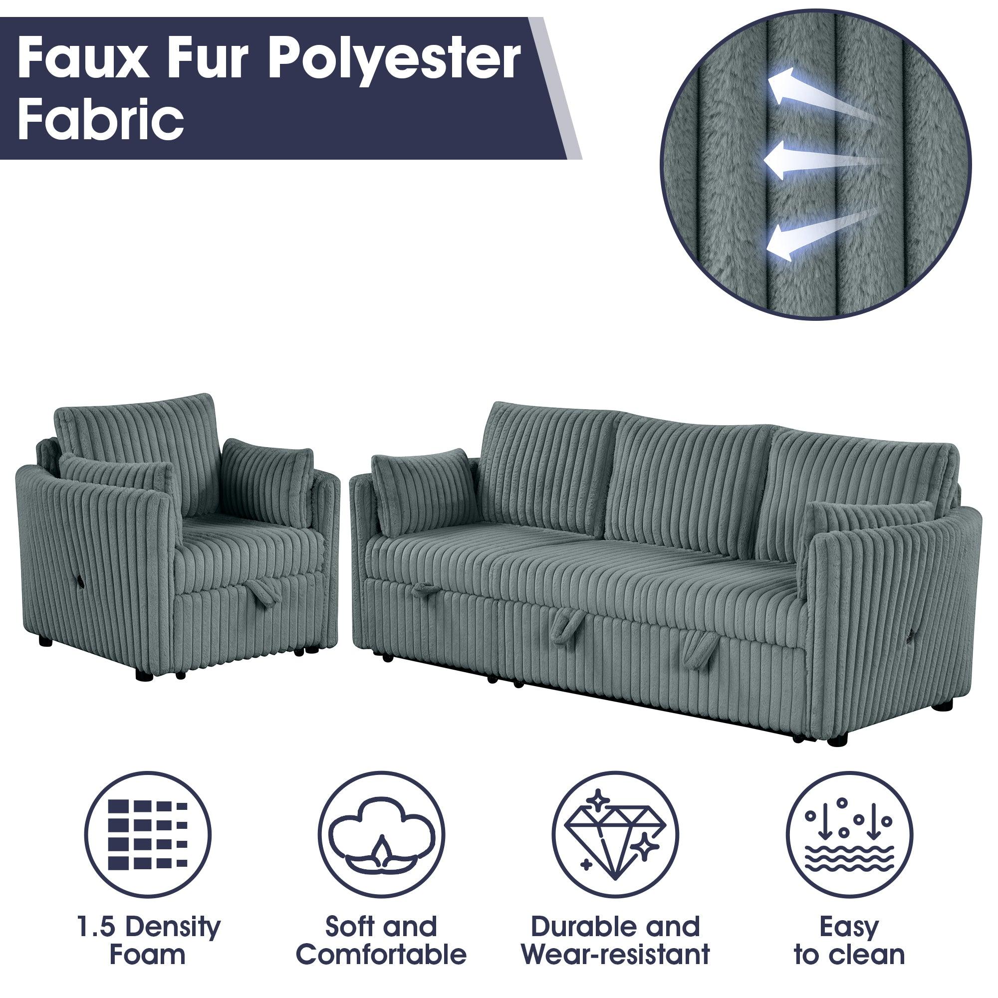 Dark Gray Faux Fur Oversized Convertible Sleeper Sectional Sofa with USB Charging Ports - 3-in-1 Couch, Daybed & Pull-Out Chair with 2 Pillows - Modern Living Room Furniture for Small Spaces, Apartments & Home Theater Lounging