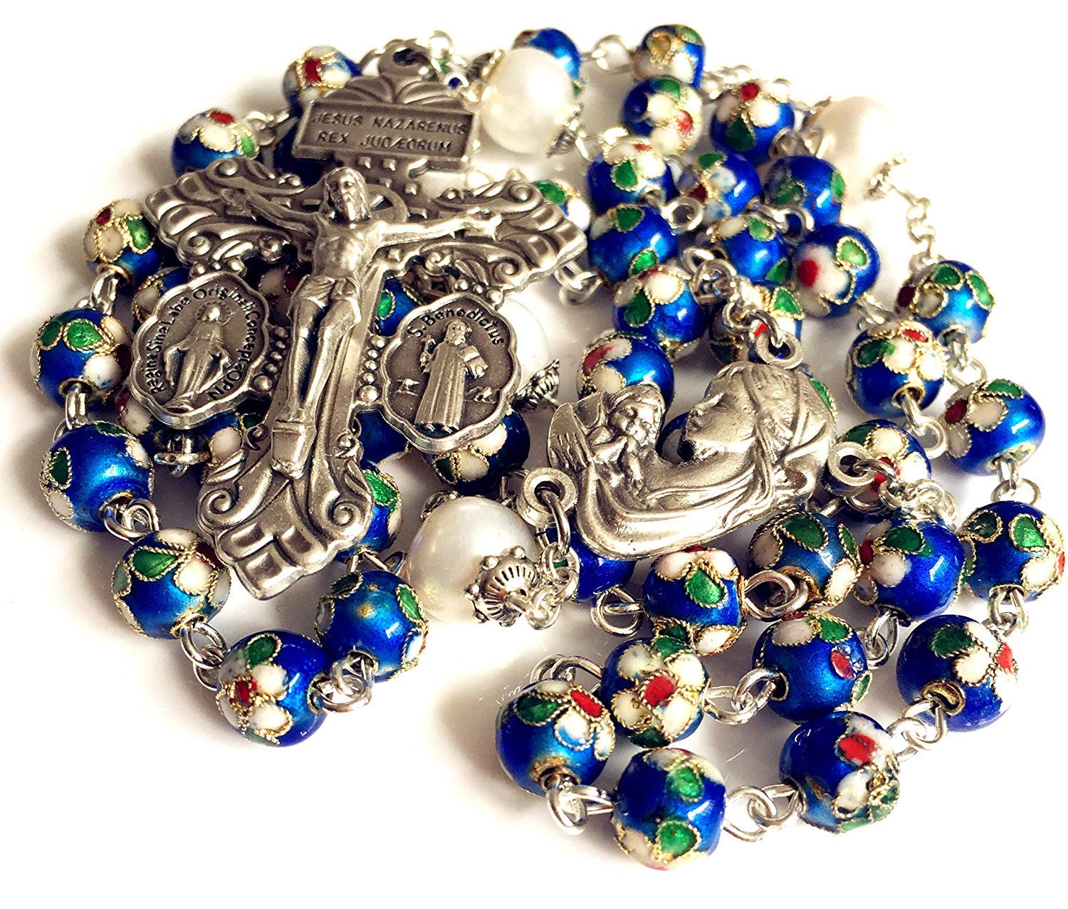 Handmade Blue Cloisonne Pearl Beads Rosary Necklace with 10mm Pearls & Italian Pardon Cross Crucifix - Catholic Gift for Prayer, Meditation & Religious Occasions
