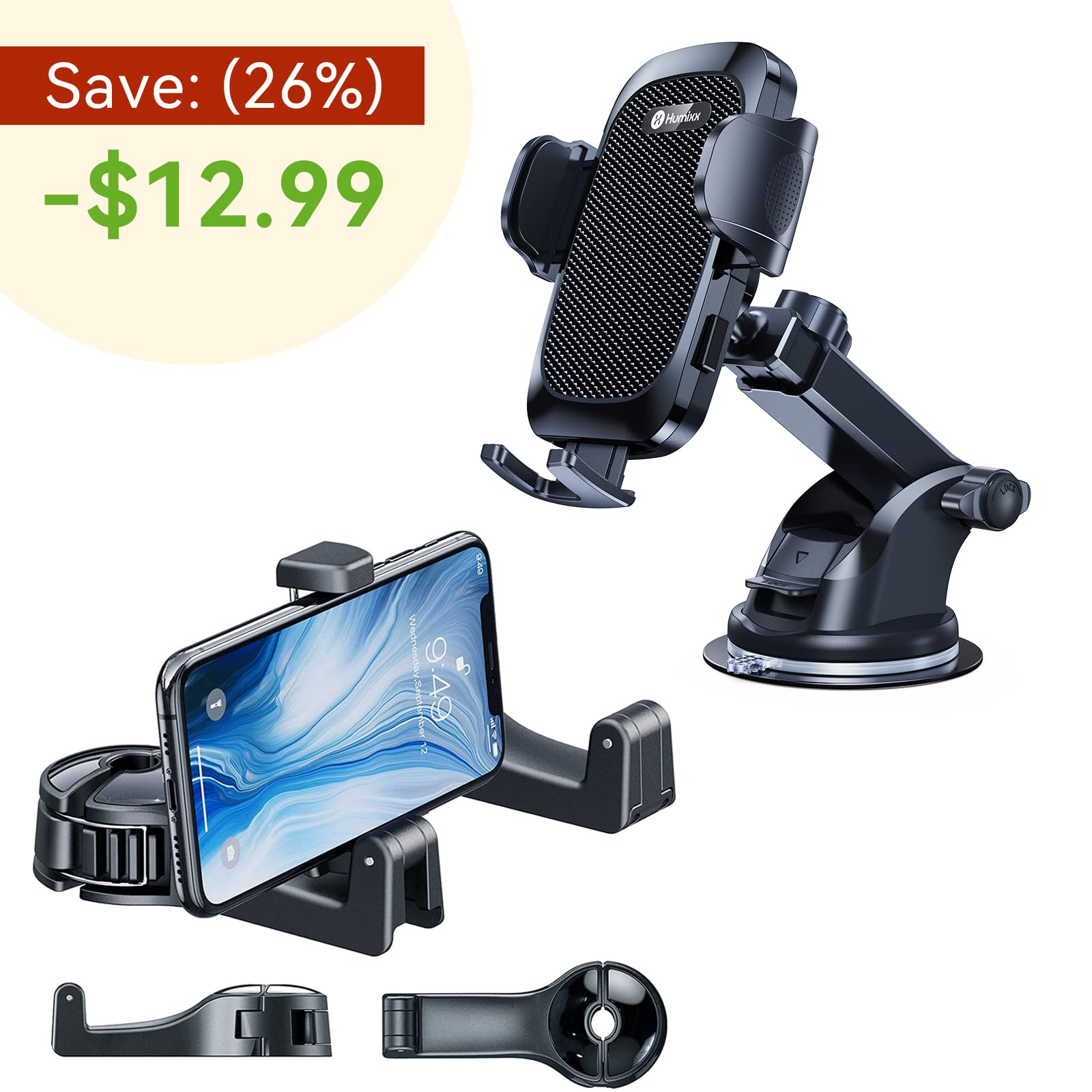 Humixx 2-Pack Black Military-Grade Universal Car Phone Holder with Multifunction Hooks - Space Saving Headrest Mount for Phones & Purses - Perfect for Road Trips, Commuting & Family Travel