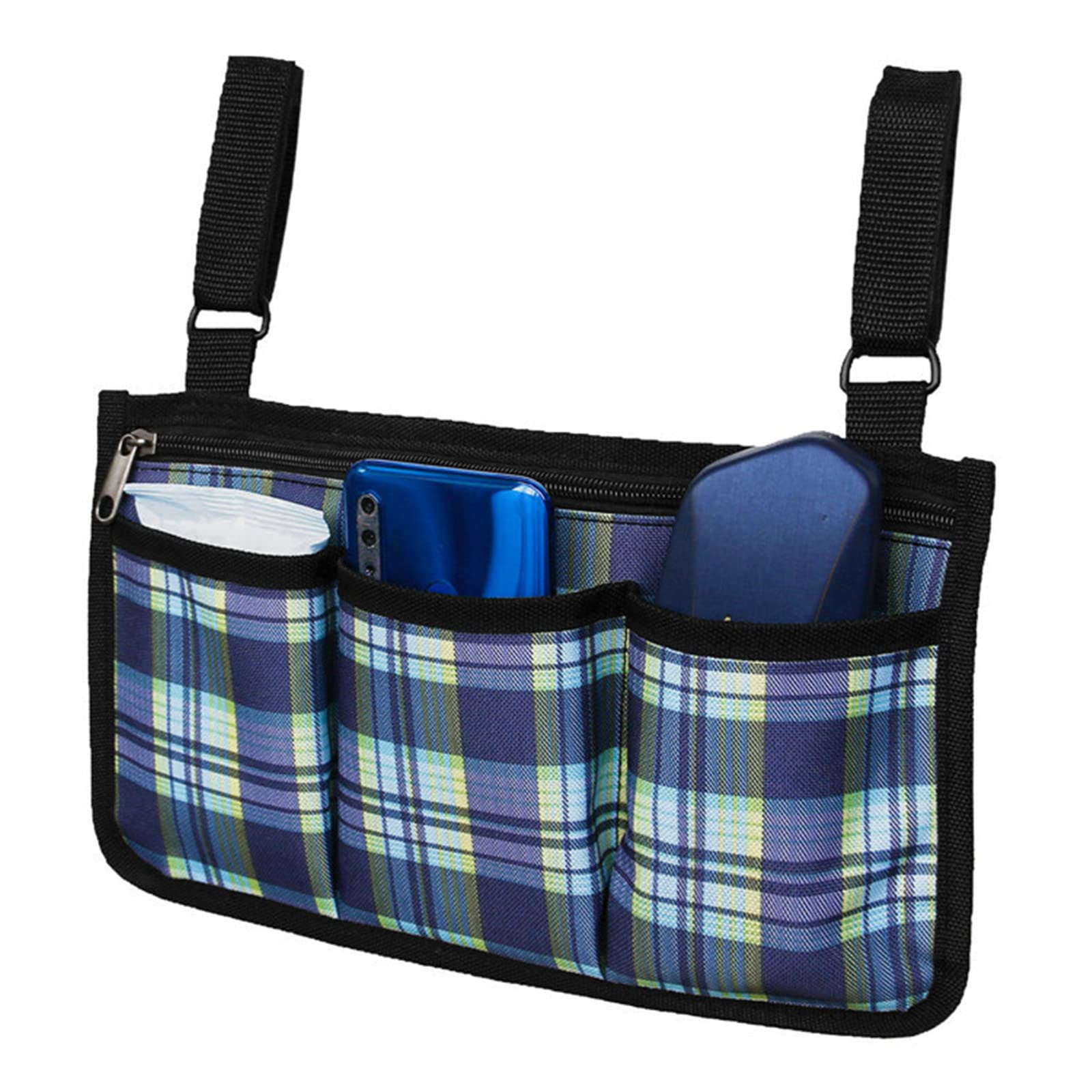 Waterproof Wheelchair Armrest Side Bag with Reflective Stripe - Durable Storage Pouch for Wheelchairs, Walkers, Rollators & Mobility Scooters (Blue Plaid) - Perfect for Daily Essentials, Outdoor Activities & Travel Accessories