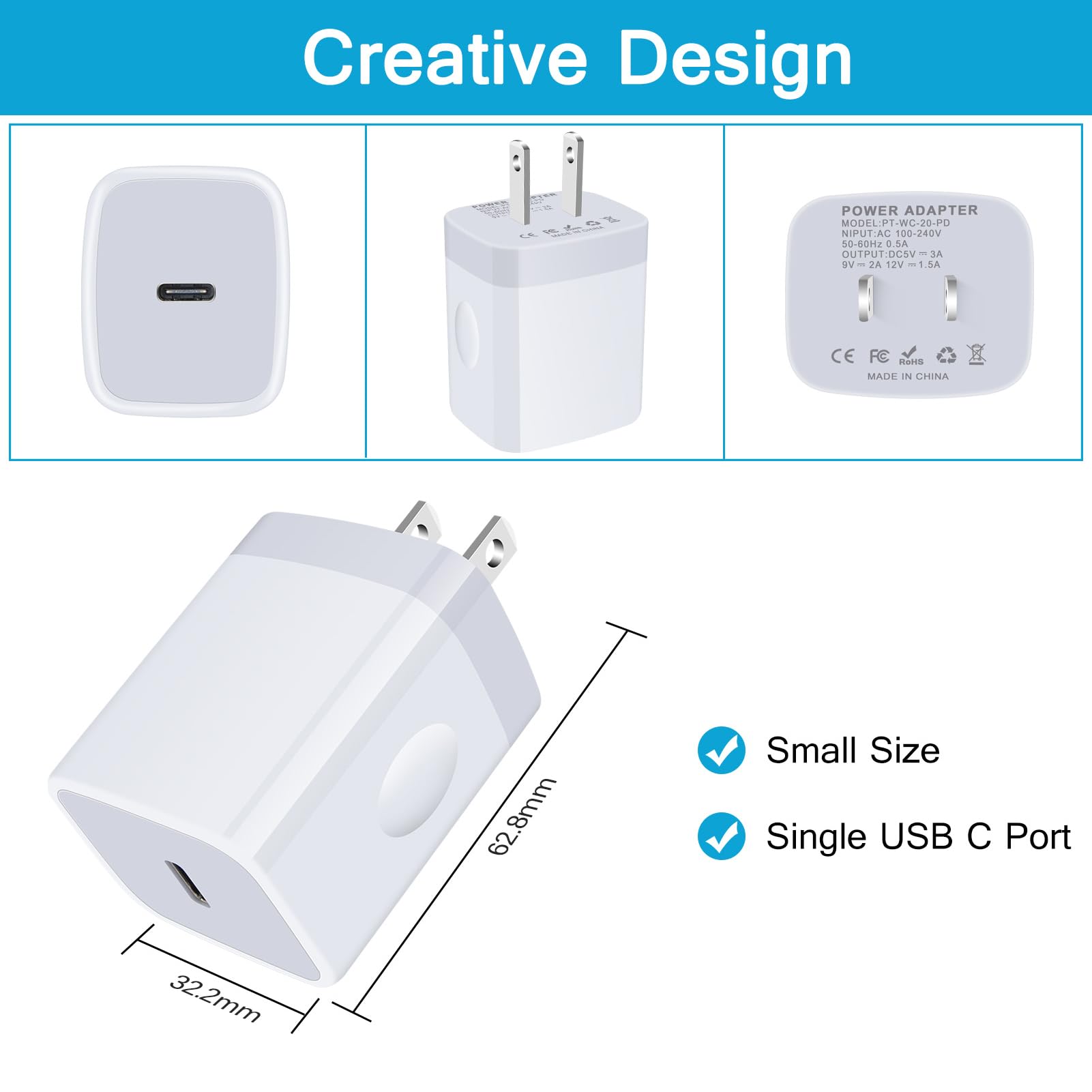 20W USB C Wall Charger Fast Charging Block - Compatible with iPhone 14/13/12/11, AirPods Pro, iPad Air/Pro, MacBook Air & Samsung Galaxy S23/S22/S21 - Compact Power Adapter for Home, Office & Travel