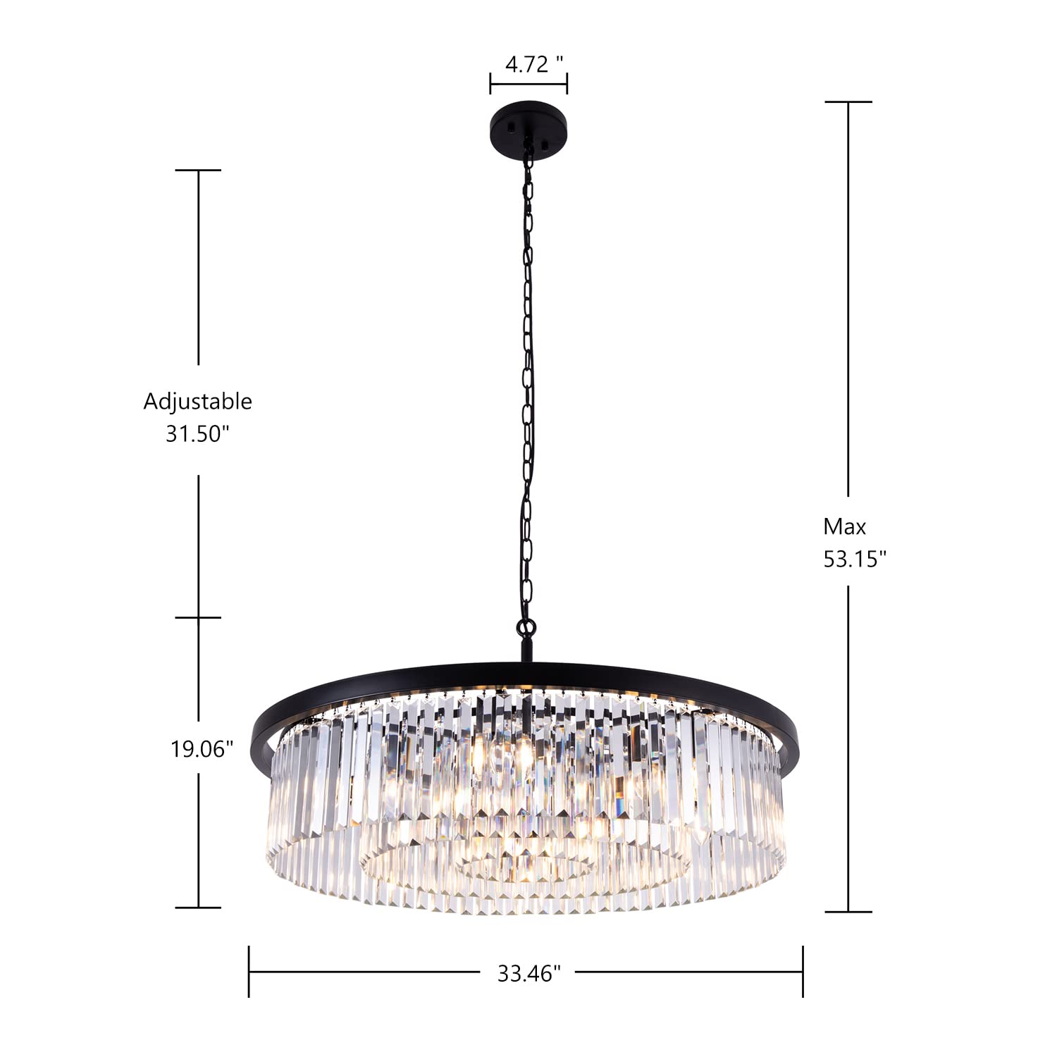 Wellmet Black Large Crystal Chandelier - Modern 9-Light Luxury Ceiling Fixture with 3-Tier Raindrop Design, 33.5